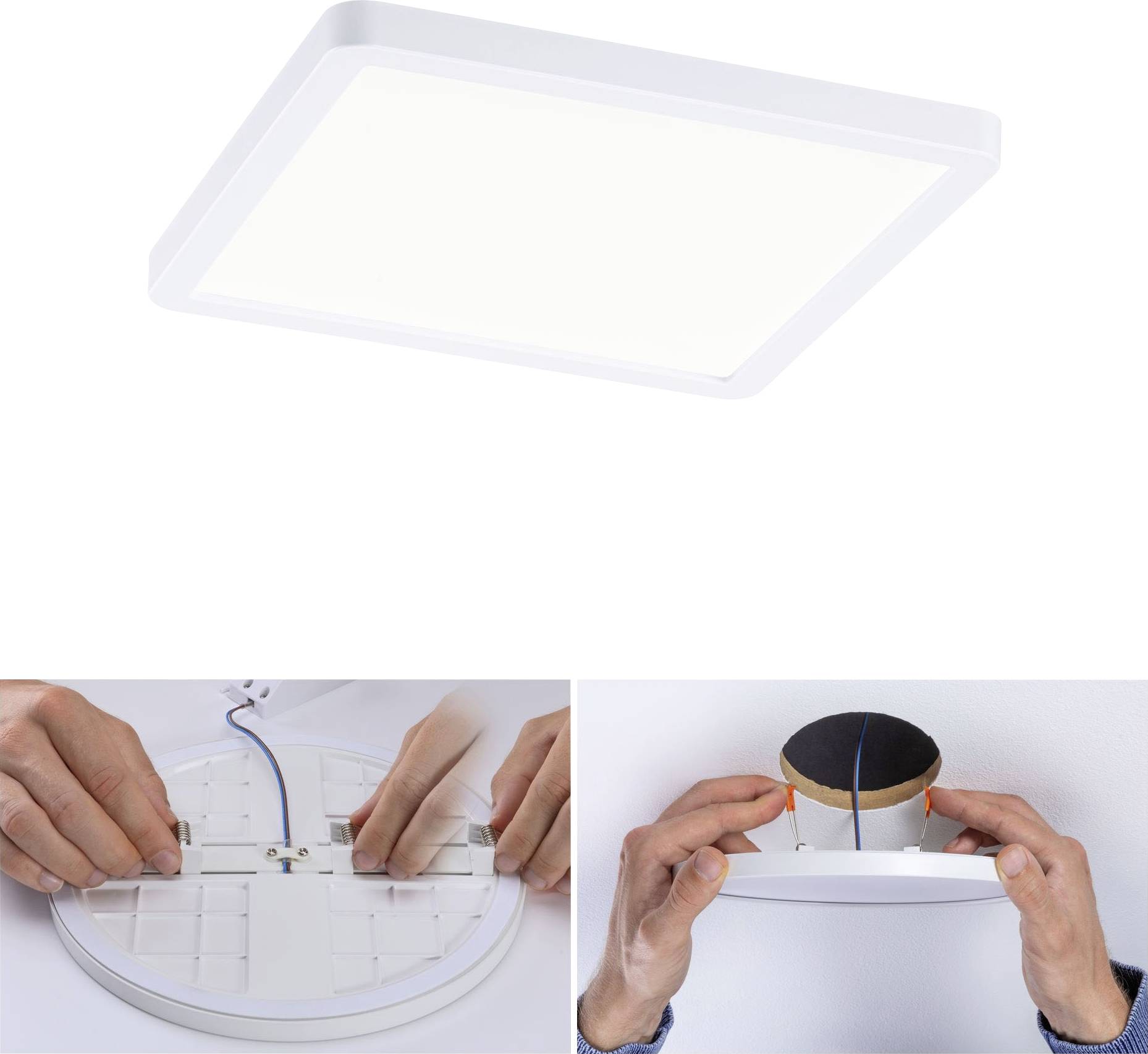 'LED-Deckenleuchte': Oben: Quadratische, weiße Lampe. Unten links: Hände verbinden Drähte mit der Lampenbasis. Unten rechts: Hände montieren Lampe an der Decke.