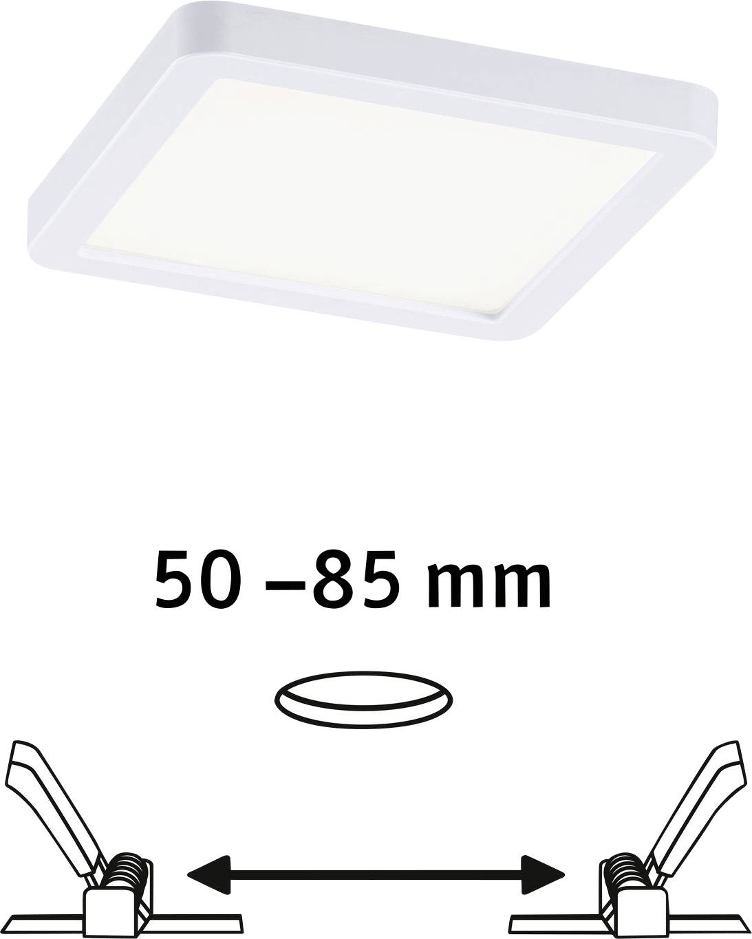 Quadratische LED-Deckenleuchte mit einer Installationsanleitung, die einen Einbauabstand von 50–85 mm zeigt.