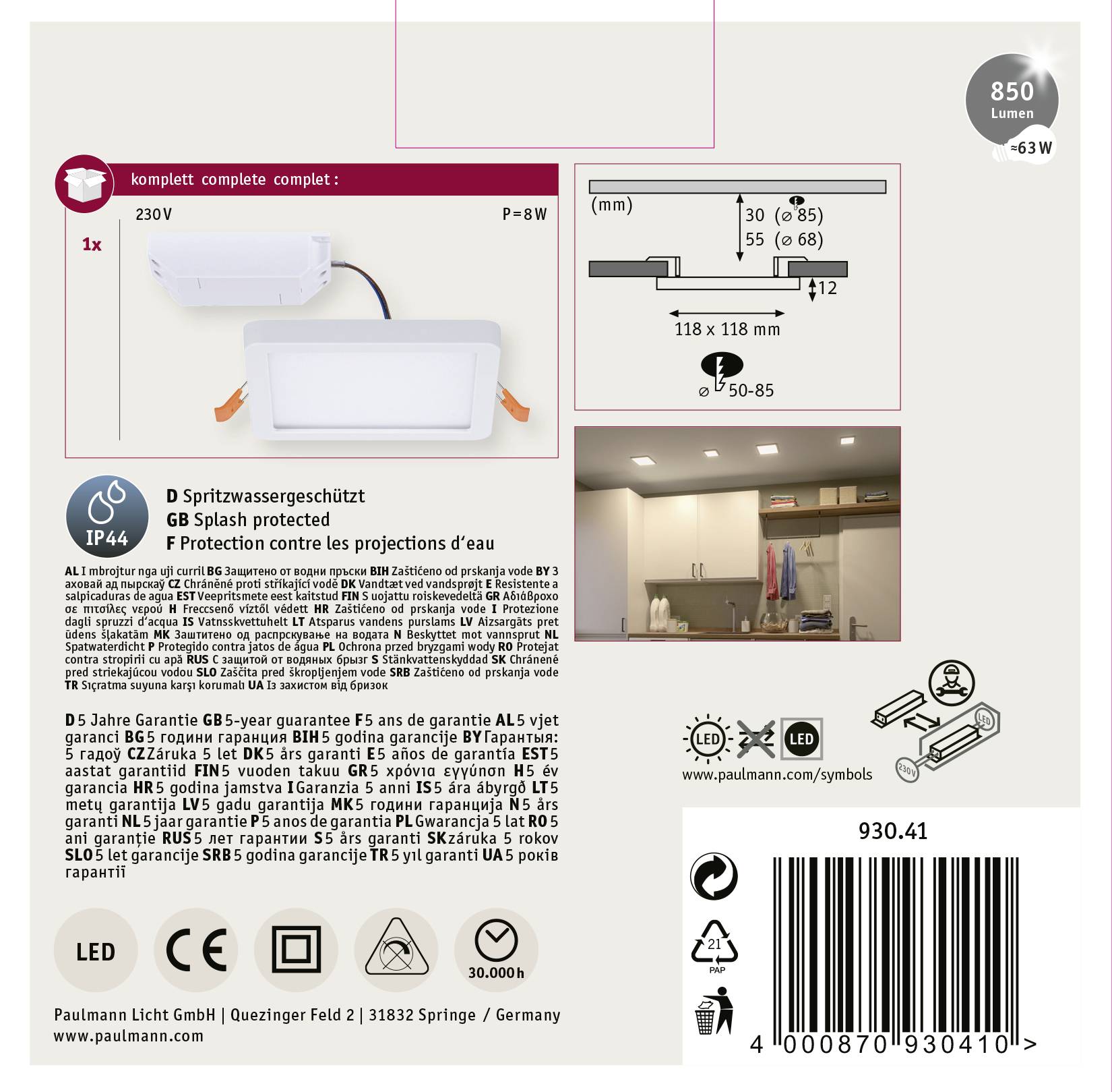 Produktverpackung für eine LED-Deckenlampe: Enthält Abmessungen, Schutzgrad IP44, Energieklasse und Montagedetails. Inklusive Barcode und Herstellerinfo.