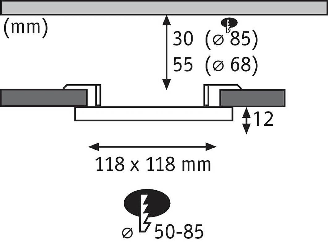 Diagramm eines rechteckigen Ausschnitts mit den Maßen 118 x 118 mm. Bohrlöcher: 50-85 mm im Durchmesser, Tiefe 12 mm.