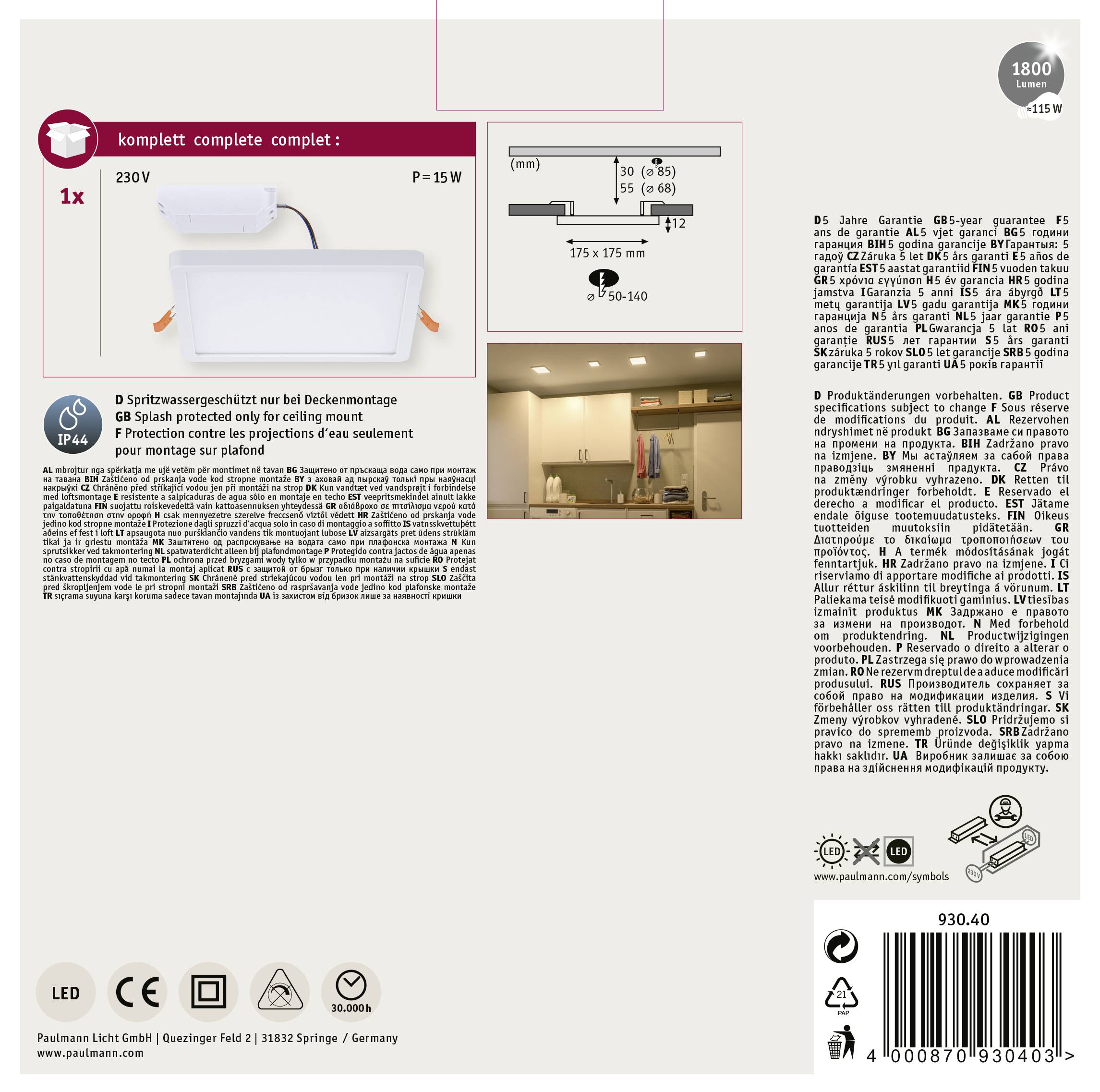 Paulmann 93040 AREO VariFit LED-Einbaupanel LED 13W Weiß