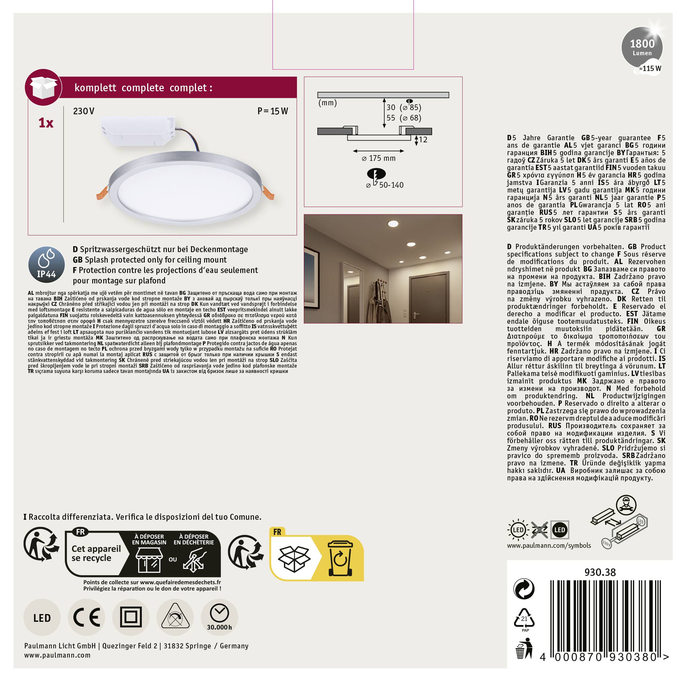 Paulmann 93038 AREO VariFit LED-Einbaupanel LED 13W Chrom (matt)