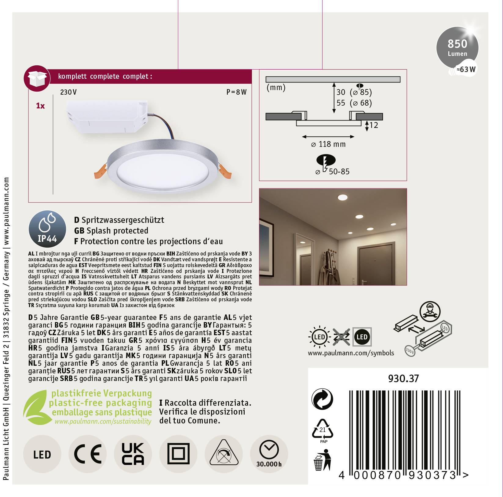 Paulmann 93037 AREO VariFit LED-Einbaupanel LED 6.5W Chrom (matt)