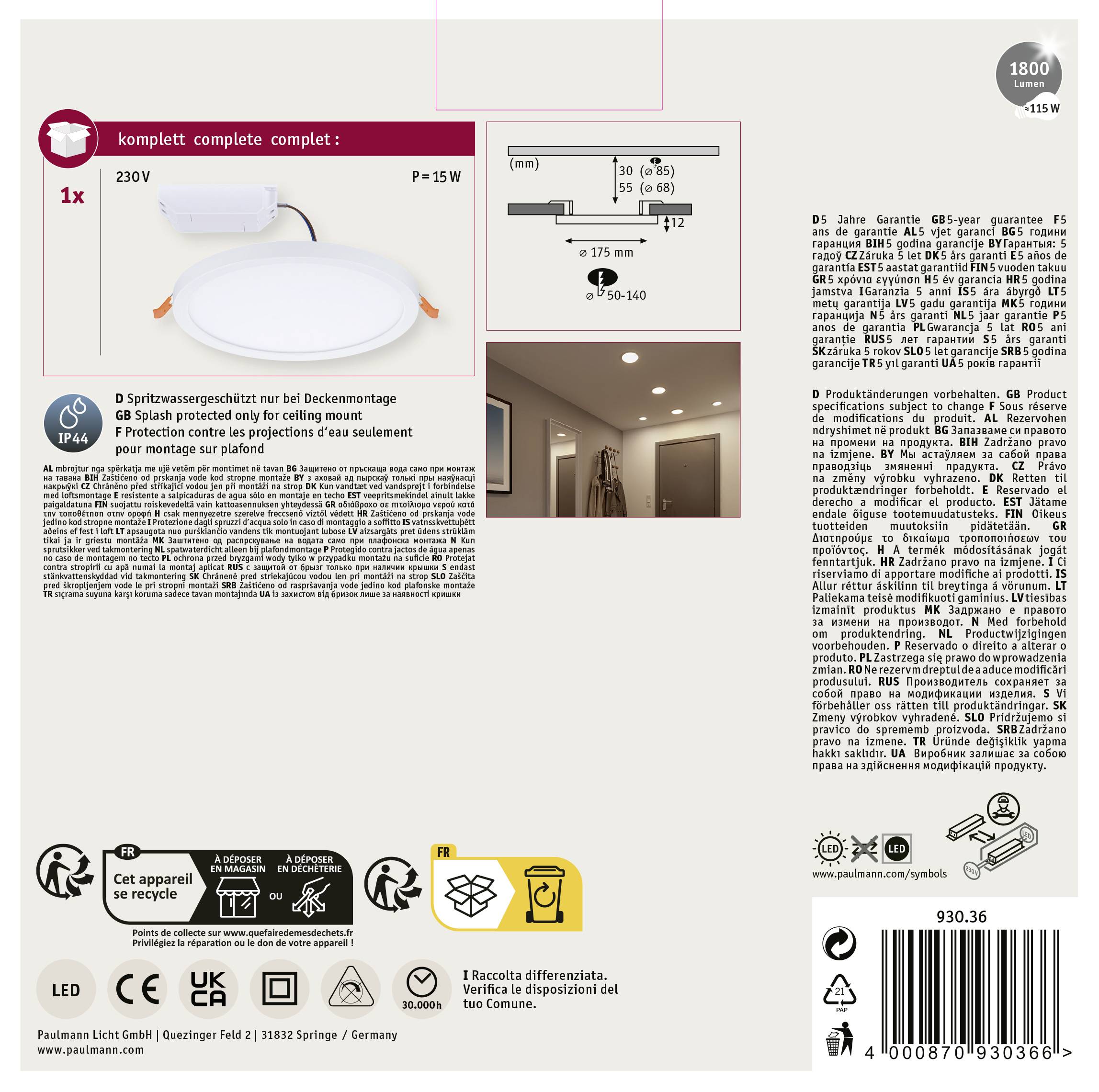 Paulmann 93036 AREO VariFit LED-Einbaupanel LED 13W Weiß