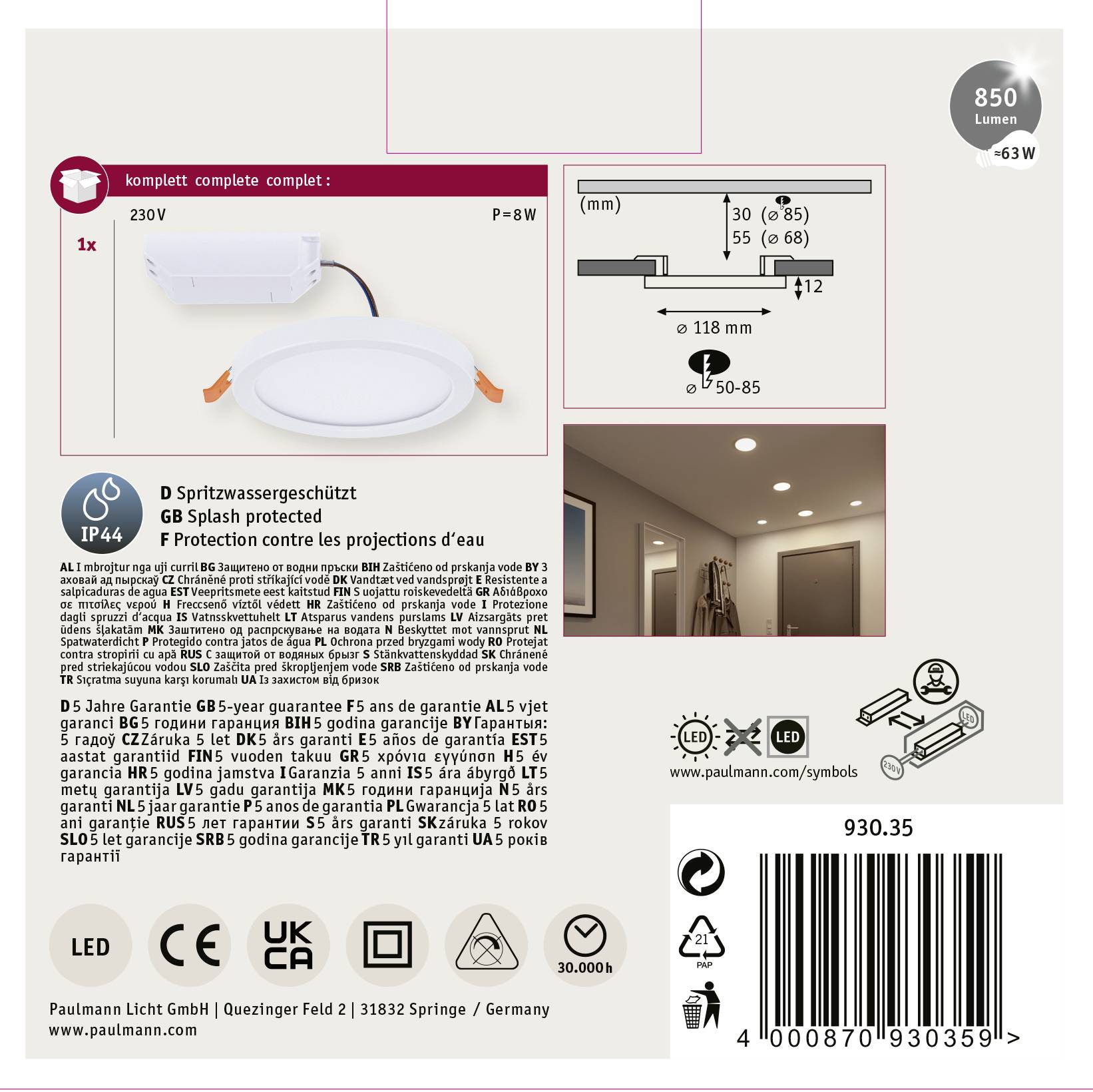 Paulmann 93035 AREO VariFit LED-Einbaupanel LED 6.5W Weiß