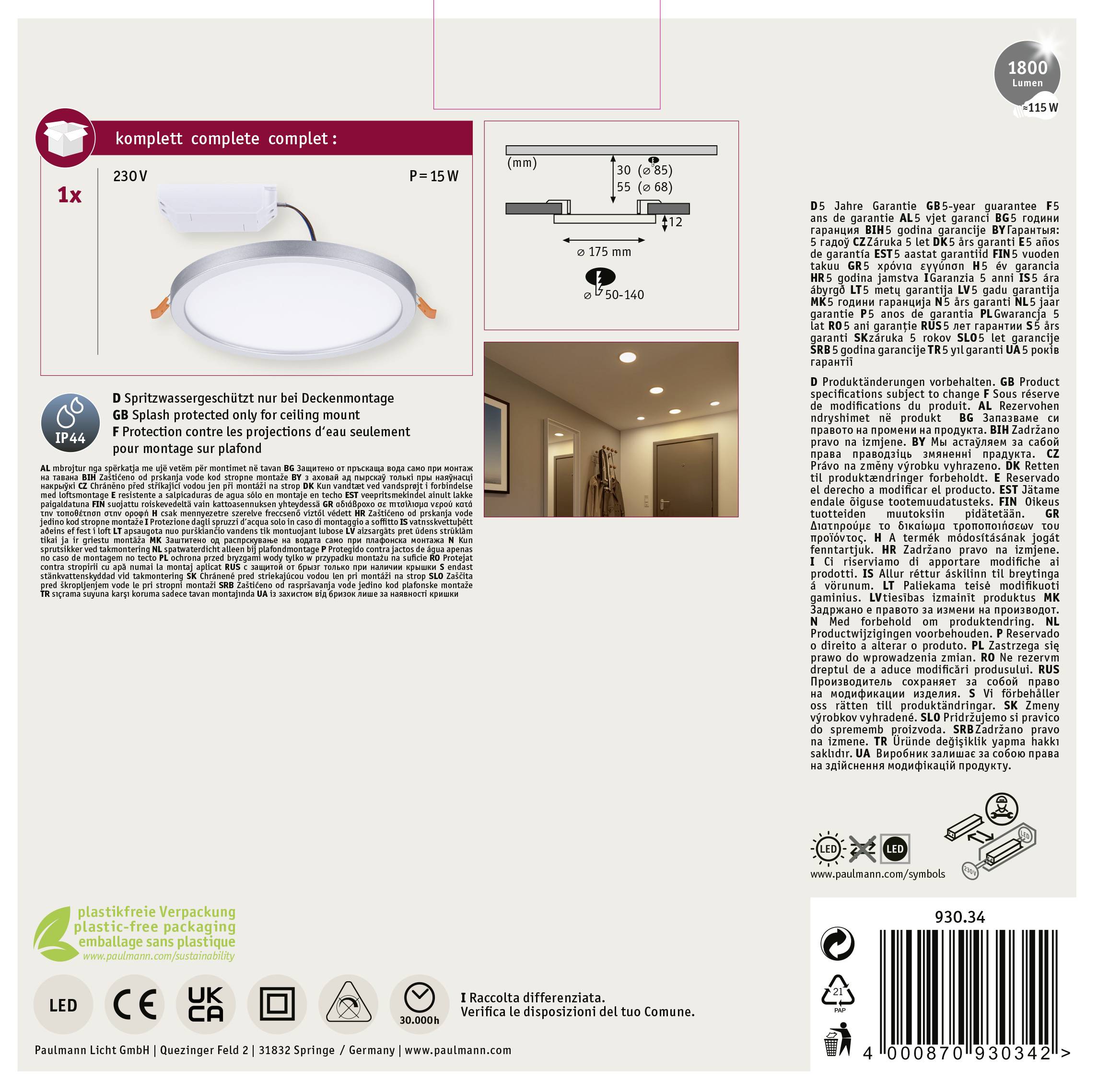 Paulmann 93034 AREO VariFit LED-Einbaupanel LED 13W Chrom (matt)