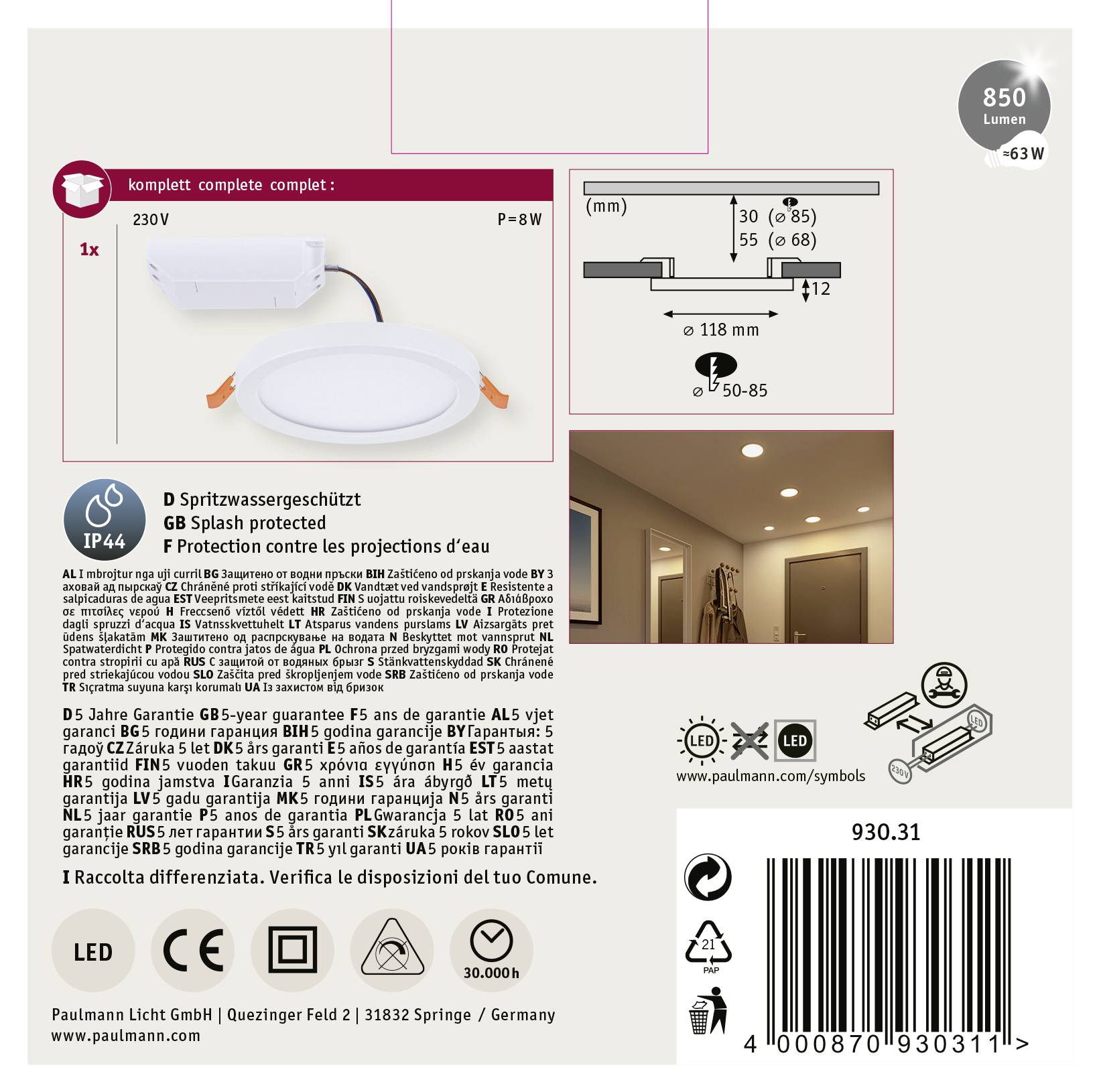 Paulmann 93031 AREO VariFit LED-Einbaupanel LED 6.5W Weiß