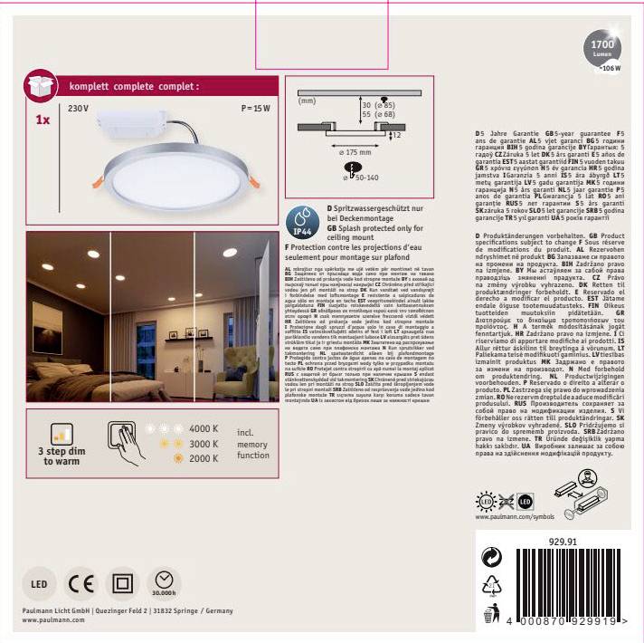 Paulmann 92991 Areo VariFit LED-Einbaupanel LED 15W Chrom (matt)