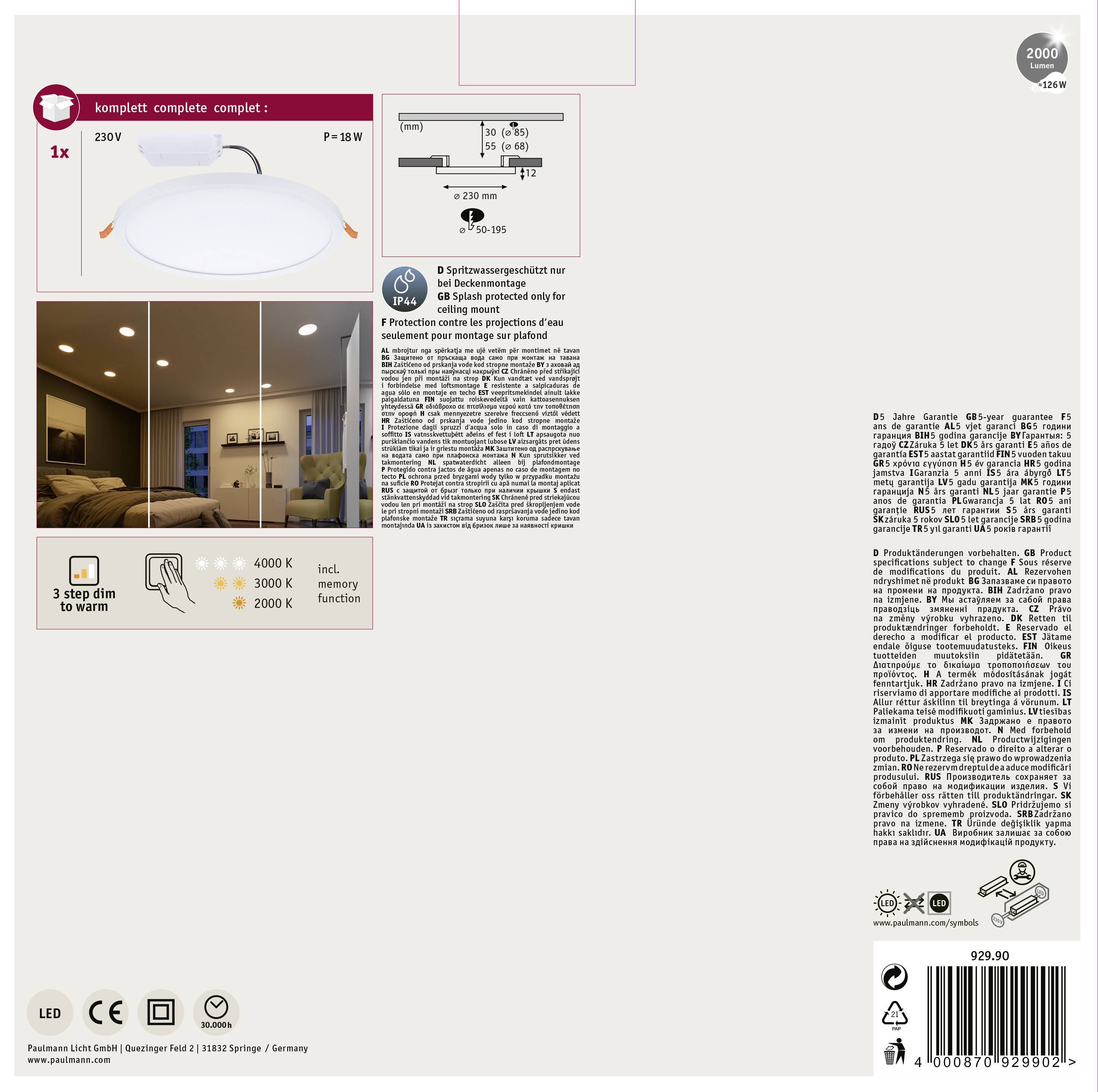 Paulmann 92990 Areo VariFit LED-Einbaupanel LED 20W Weiß