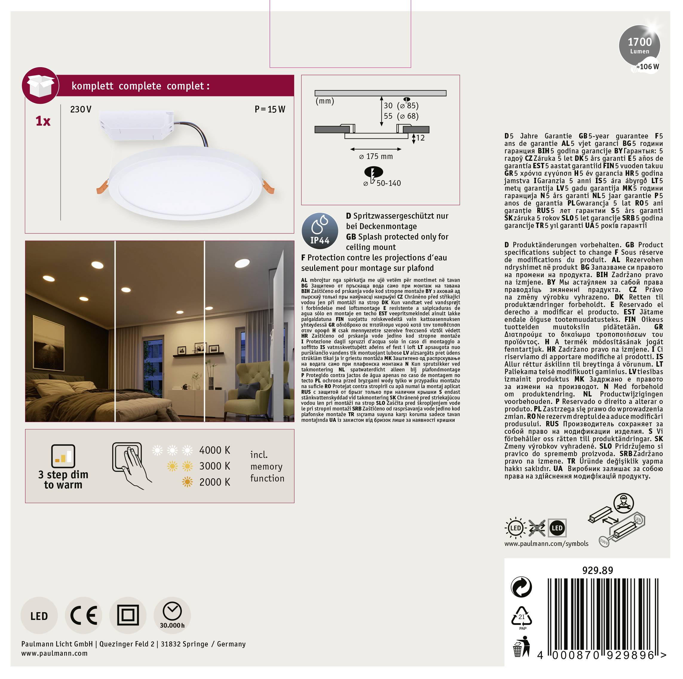 Paulmann 92989 Areo VariFit LED-Einbaupanel LED 15W Weiß