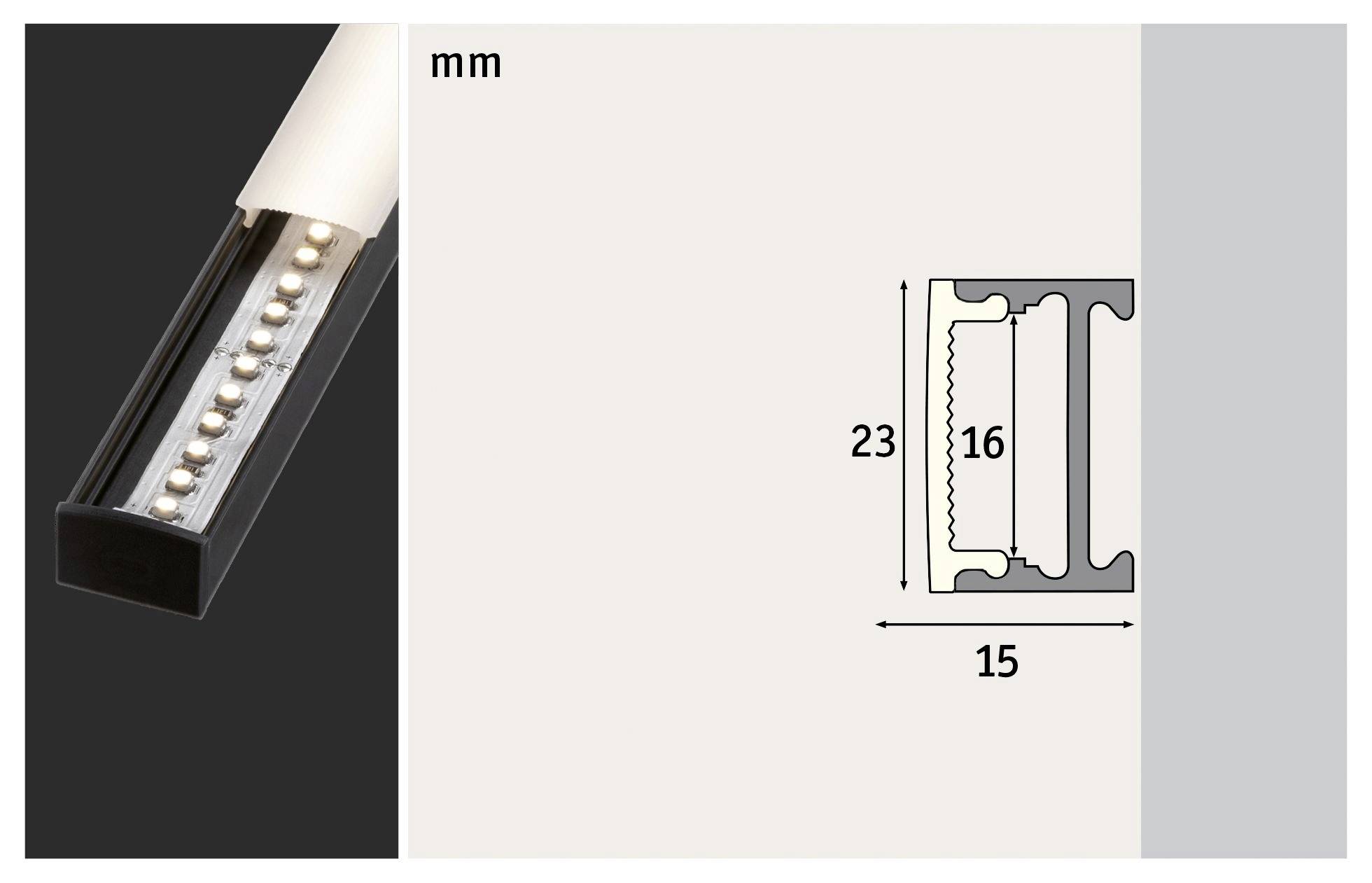 'LED-Profil mit Abdeckung' links. Rechts technische Zeichnung, Maße: Höhe 23 mm, Breite 16 mm, Tiefe 15 mm, in mm angegeben.