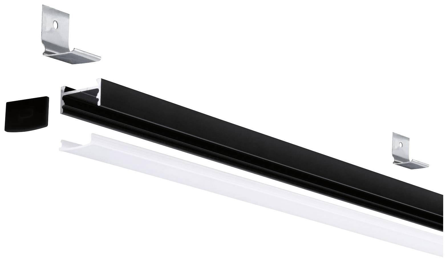Bauanleitung für eine längliche Leuchte mit Montagewinkeln, Abdeckung und Gehäuse in Schwarz und Weiß. Teile separat dargestellt.