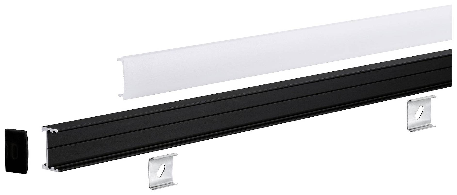 Einzelteile eines LED-Aluminiumprofils: schwarze Schiene, opalweiße Abdeckung, zwei Halterungen und Endkappe, zur Montage vorgesehen.