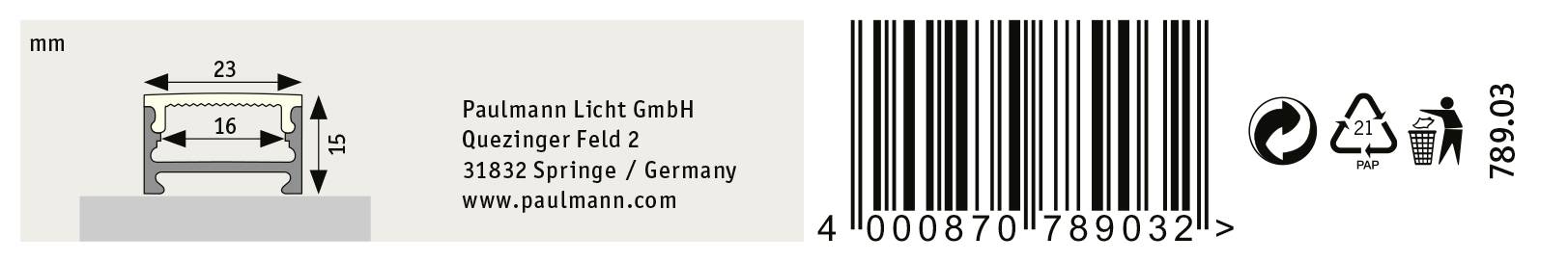 'Paulmann Licht GmbH, Quezlinger Feld 2, 31832 Springe / Germany, www.paulmann.com.' Etikett mit Barcode und Produktsymbolen.