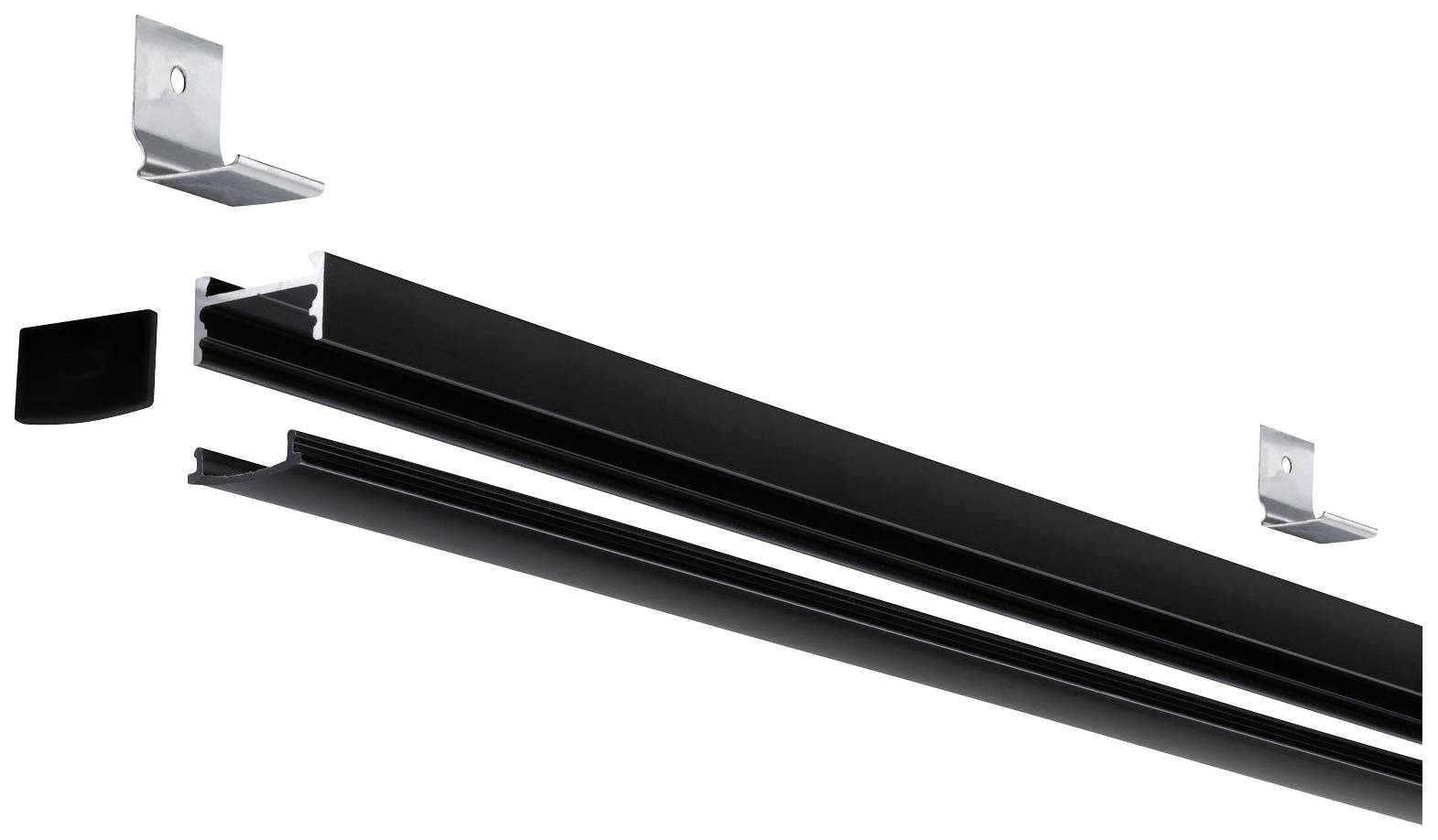 Explosionsdarstellung eines Schienensystems mit Halterungen und Abdeckungen, die seine Komponenten und deren Positionen veranschaulicht.