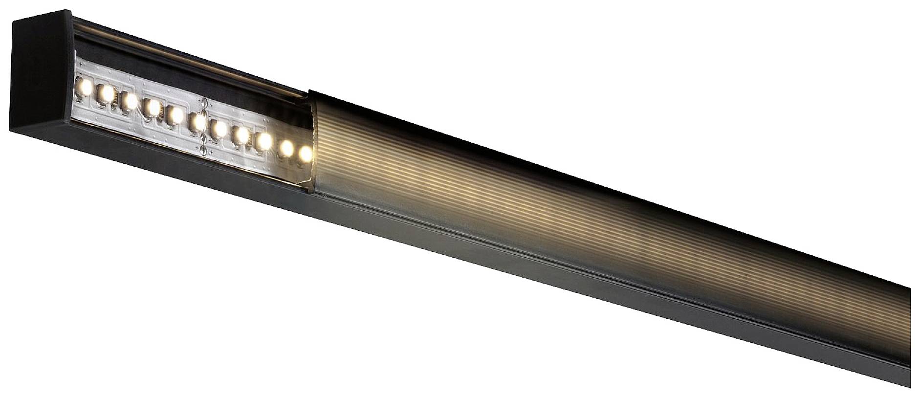 Eine längliche, moderne Deckenleuchte mit mehreren LED-Lampen, die in einem schlanken, schwarzen Gehäuse eingebaut sind.