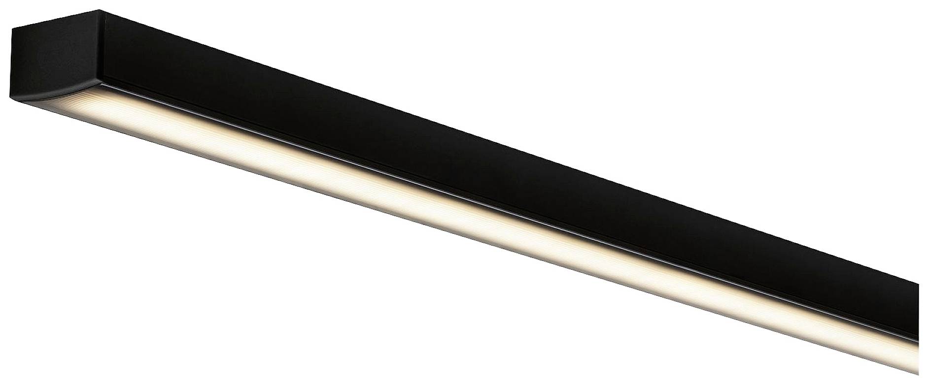 Eine schlanke, rechteckige, schwarze LED-Leuchte, die warmes Licht abstrahlt, geeignet für moderne Raumbeleuchtung.