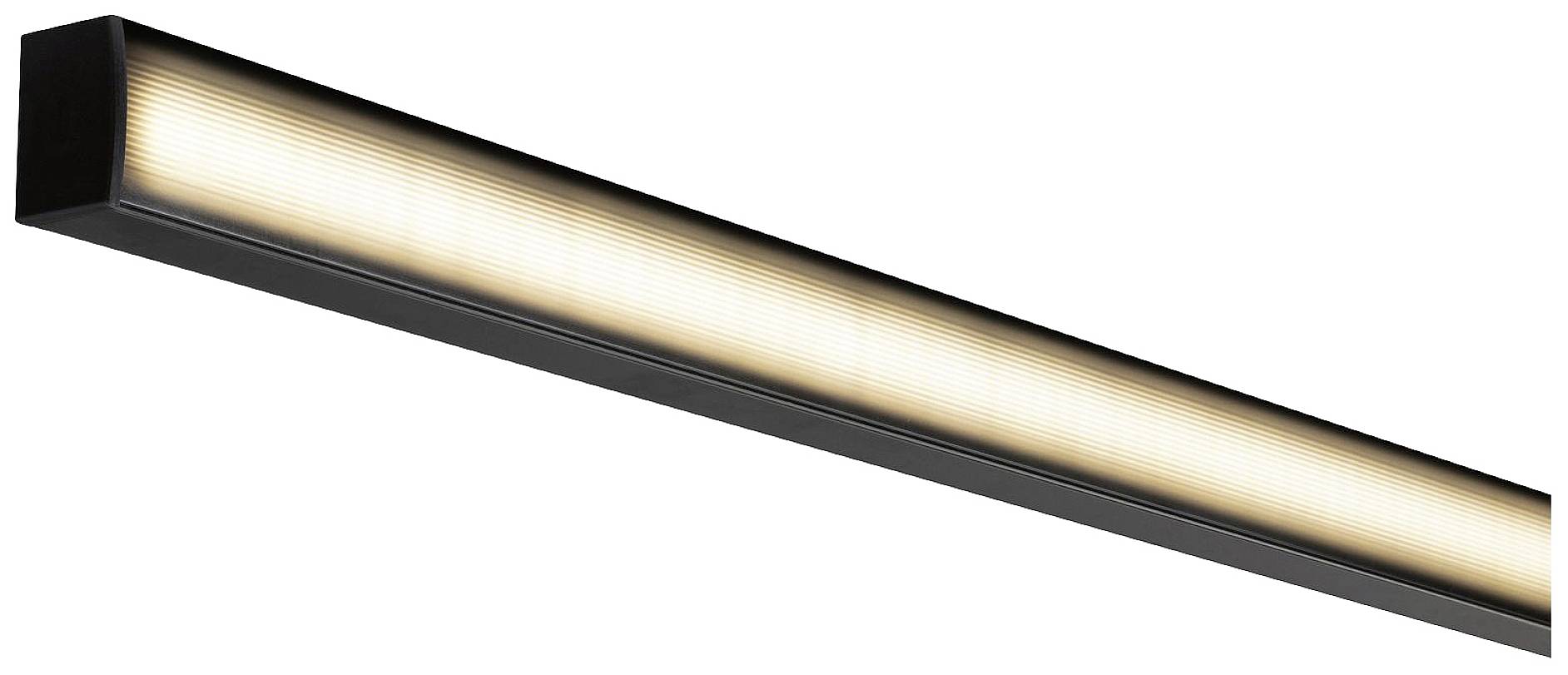 Eine lange, rechteckige LED-Deckenleuchte mit schwarzem Rahmen, die warmes, diffuses Licht ausstrahlt.