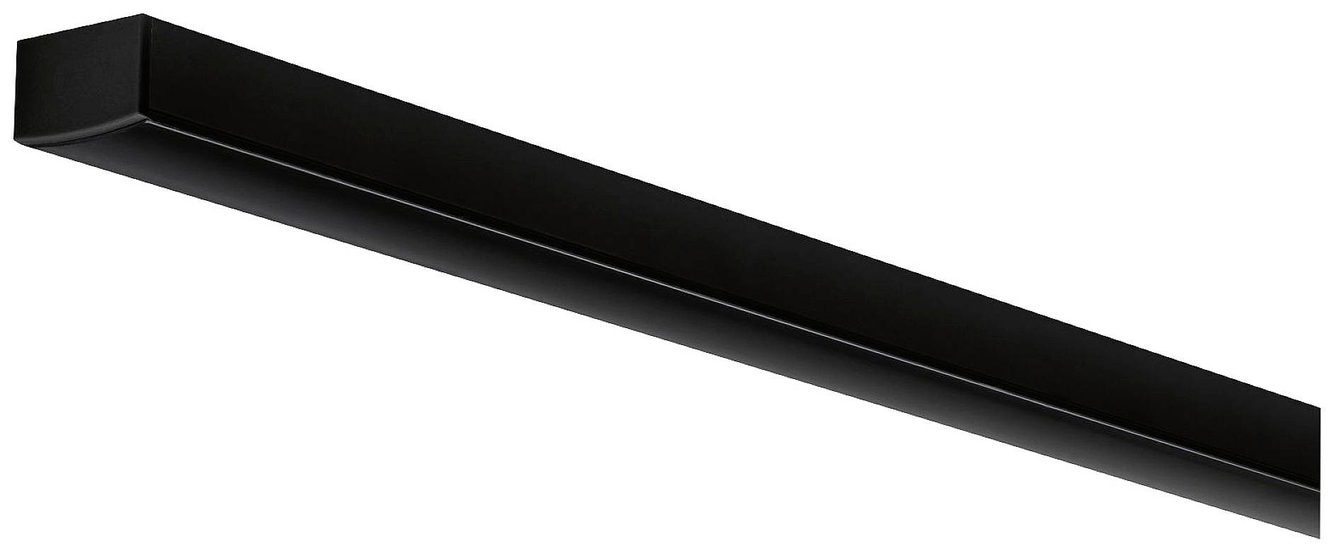 Langes, schwarzes, rechteckiges Objekt mit glatter Oberfläche und abgerundeten Kanten; möglicherweise Beleuchtungskörper.