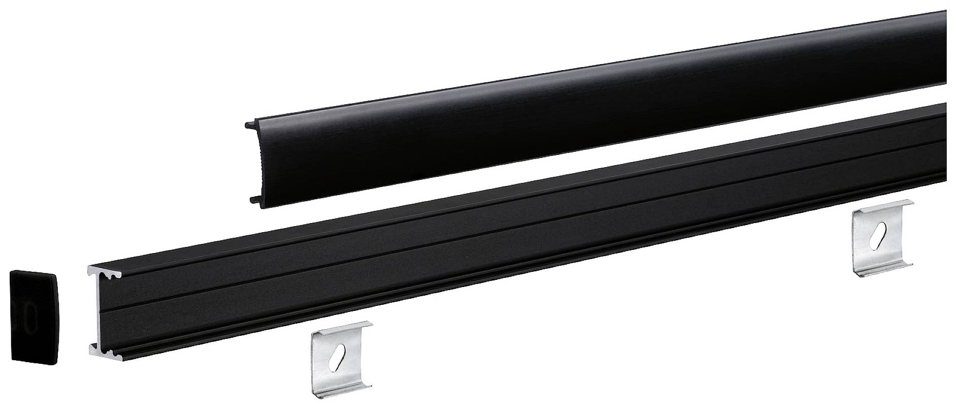 Schwarzes Kabelkanalsystem aus Metall, bestehend aus einem länglichen Profil, einer Abdeckung und Montagezubehör, einzeln dargestellt.