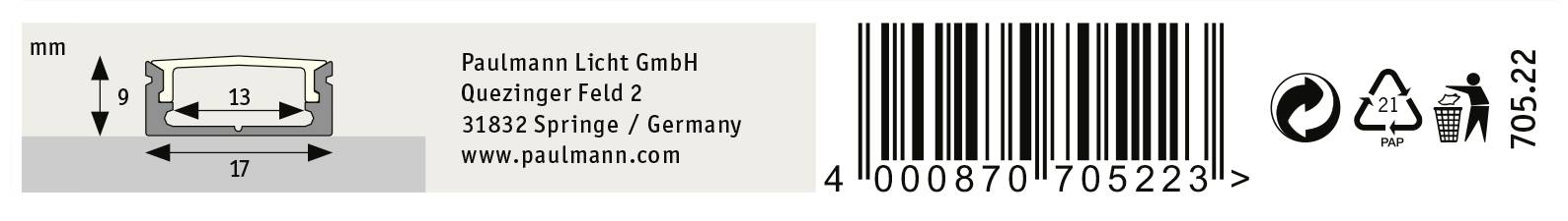 Produktetikett mit Barcode von Paulmann Licht GmbH. Enthält Firmenadresse, Internetseite, Wiederverwertungssymbole und Maßeinheitsskizze.