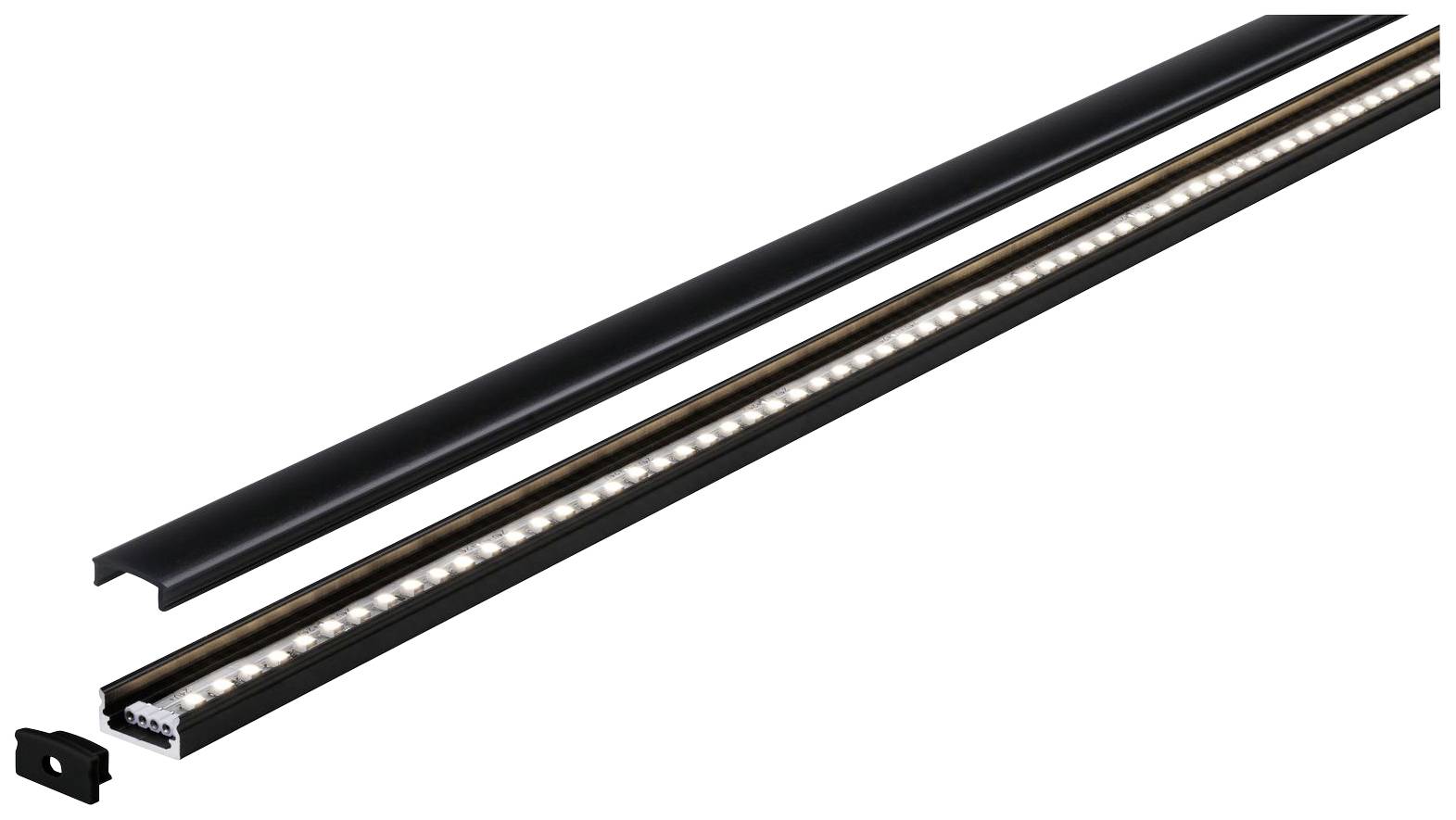 Schwarze LED-Leiste mit sichtbaren Lichtern und abnehmbarem Endstück, für Beleuchtungsanwendungen.