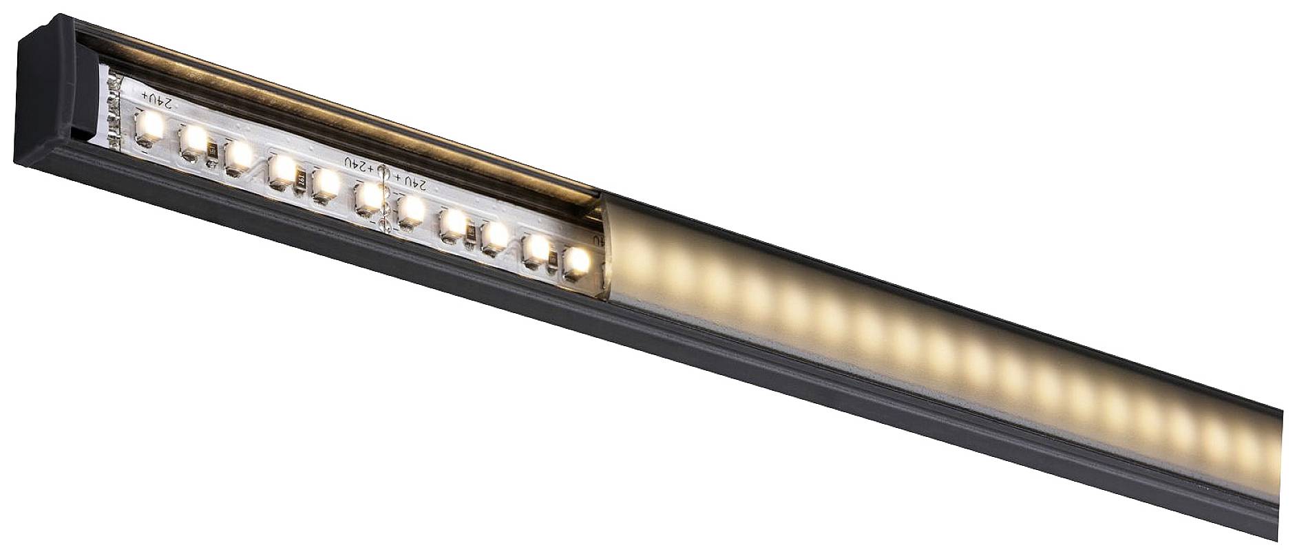 Ein schmales, modernes LED-Leuchtmittel in einem länglichen, schwarzen Gehäuse, das weiches, warmweißes Licht ausstrahlt.