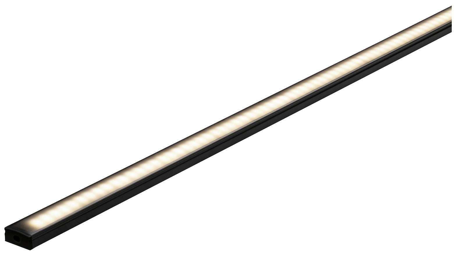 Schmale, längliche LED-Leuchte mit schwarzem Rahmen und warmweißem Licht. Ideal zur indirekten Beleuchtung unter Regalen oder Schränken.