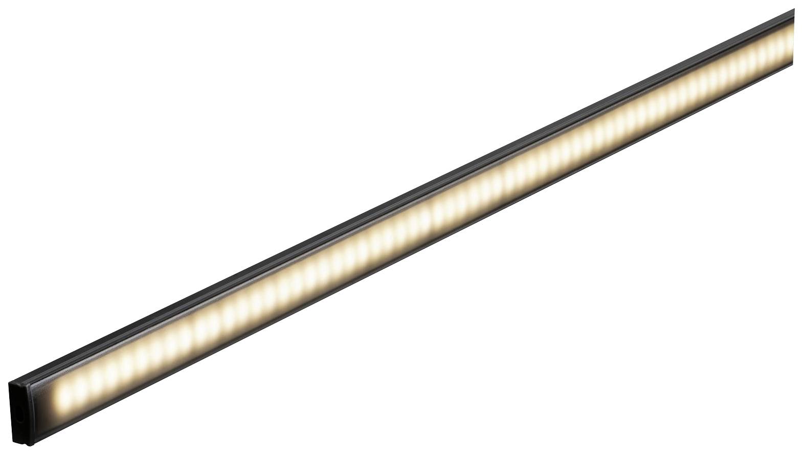 Ein lineares LED-Licht mit warmweißem Glanz, in einem schlanken, schwarzen Gehäuse, geeignet zur stilvollen Beleuchtung.