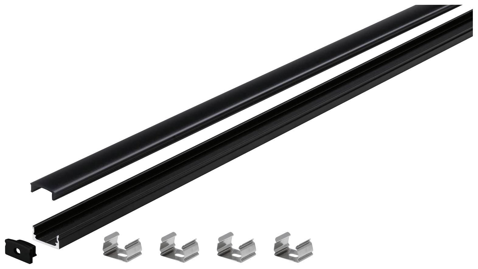 Schwarz lackiertes Hakenset mit vier Metallklammern zur Befestigung, geeignet für die Montage von Paneelen oder Leisten.