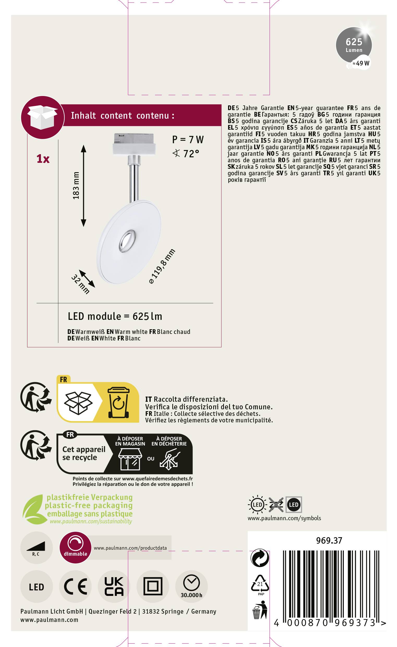 Paulmann URail Spot Sphere LED-Schienenstrahler URail 7.4W Weiß, Chrom