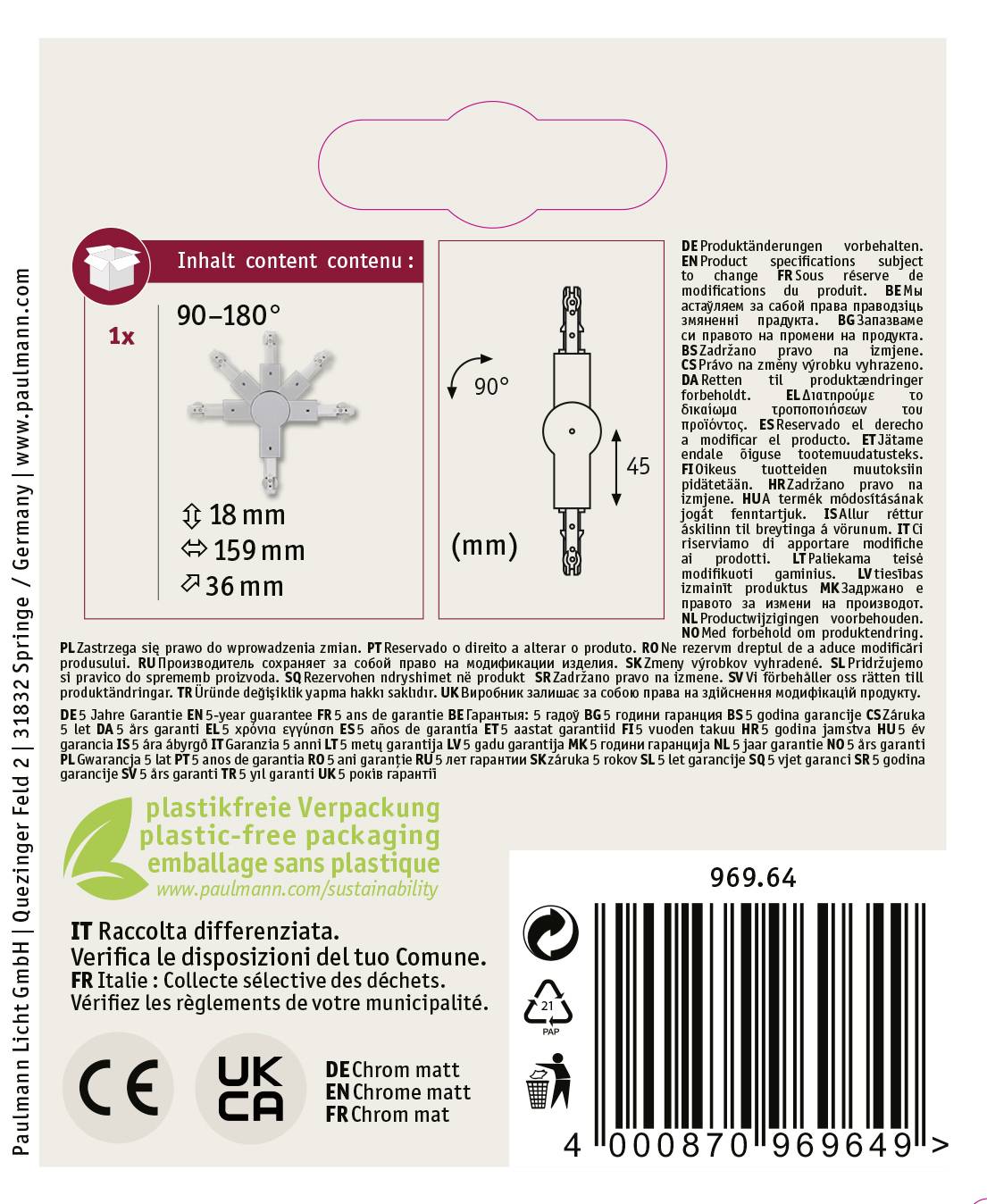 Paulmann URail Gelenk-Verbinder 96964 Hochvolt-Schienensystem-Komponente Gelenkverbinder Chrom (matt)