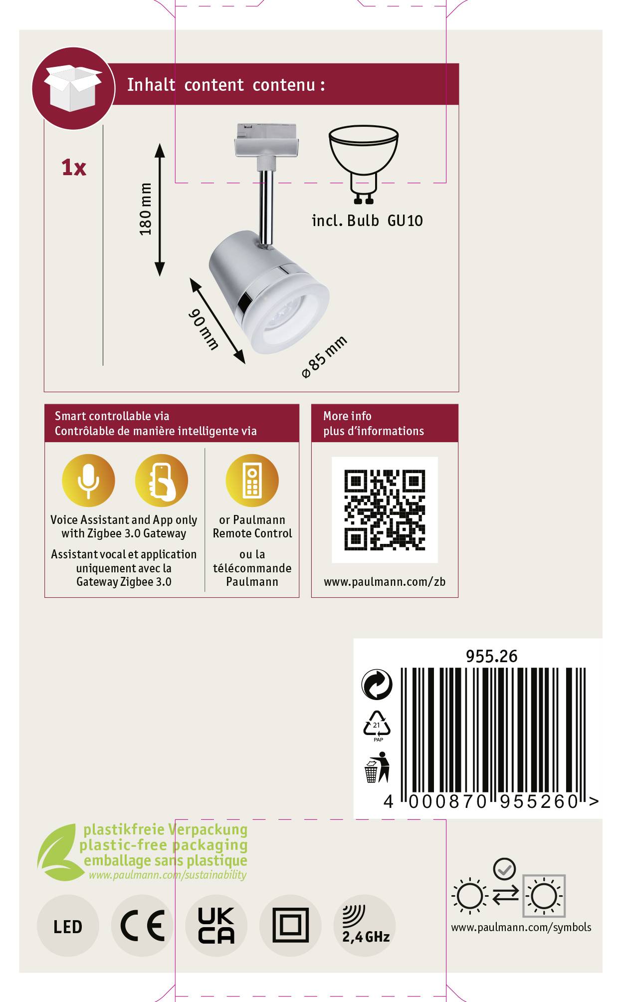 Paulmann URail Spot Cone Zigbee LED-Pendelleuchte URail GU10 5 W Chrom (matt), Chrom
