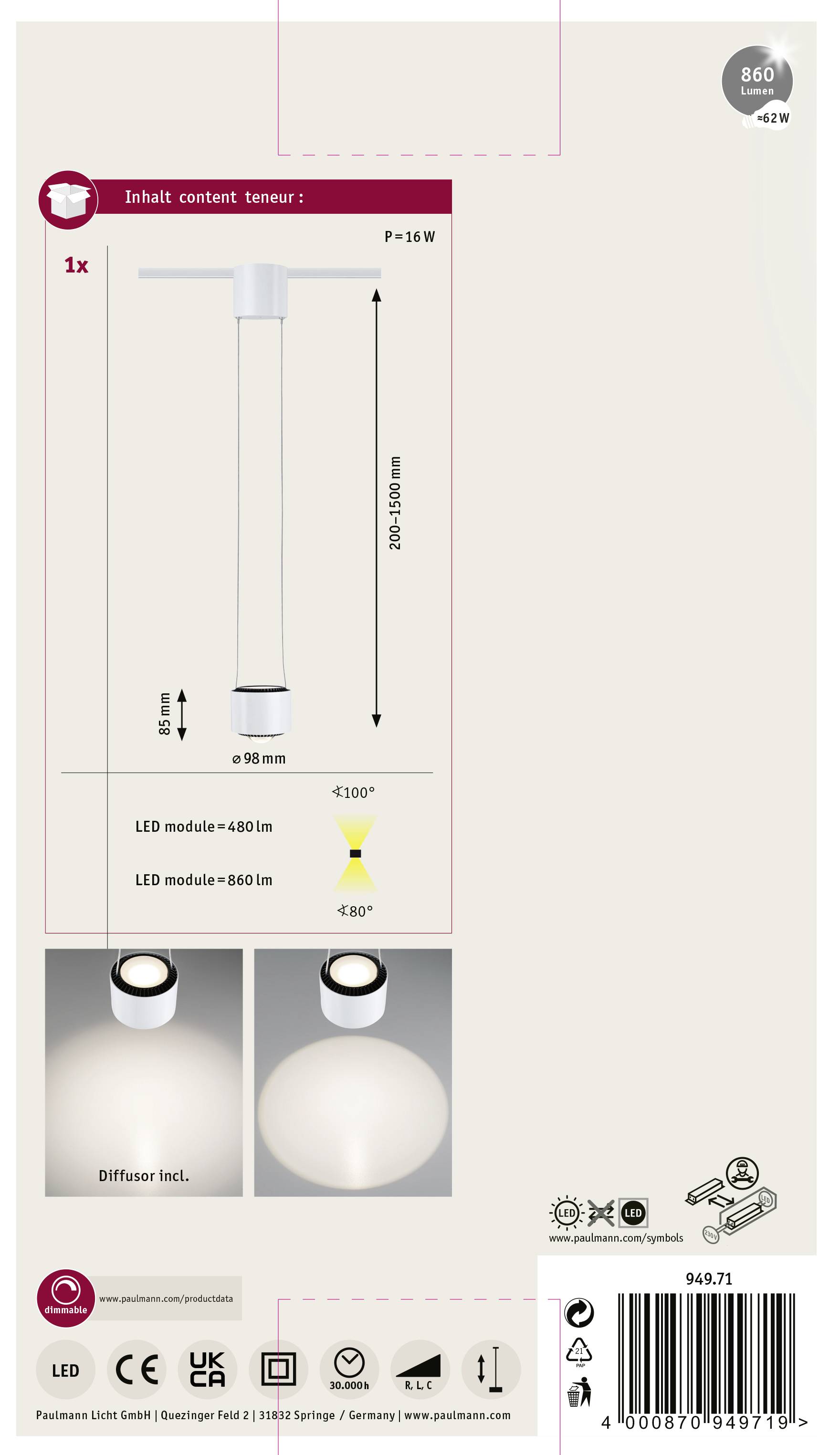 Paulmann URail Pendel Aldan LED-Schienenstrahler URail 17W Weiß