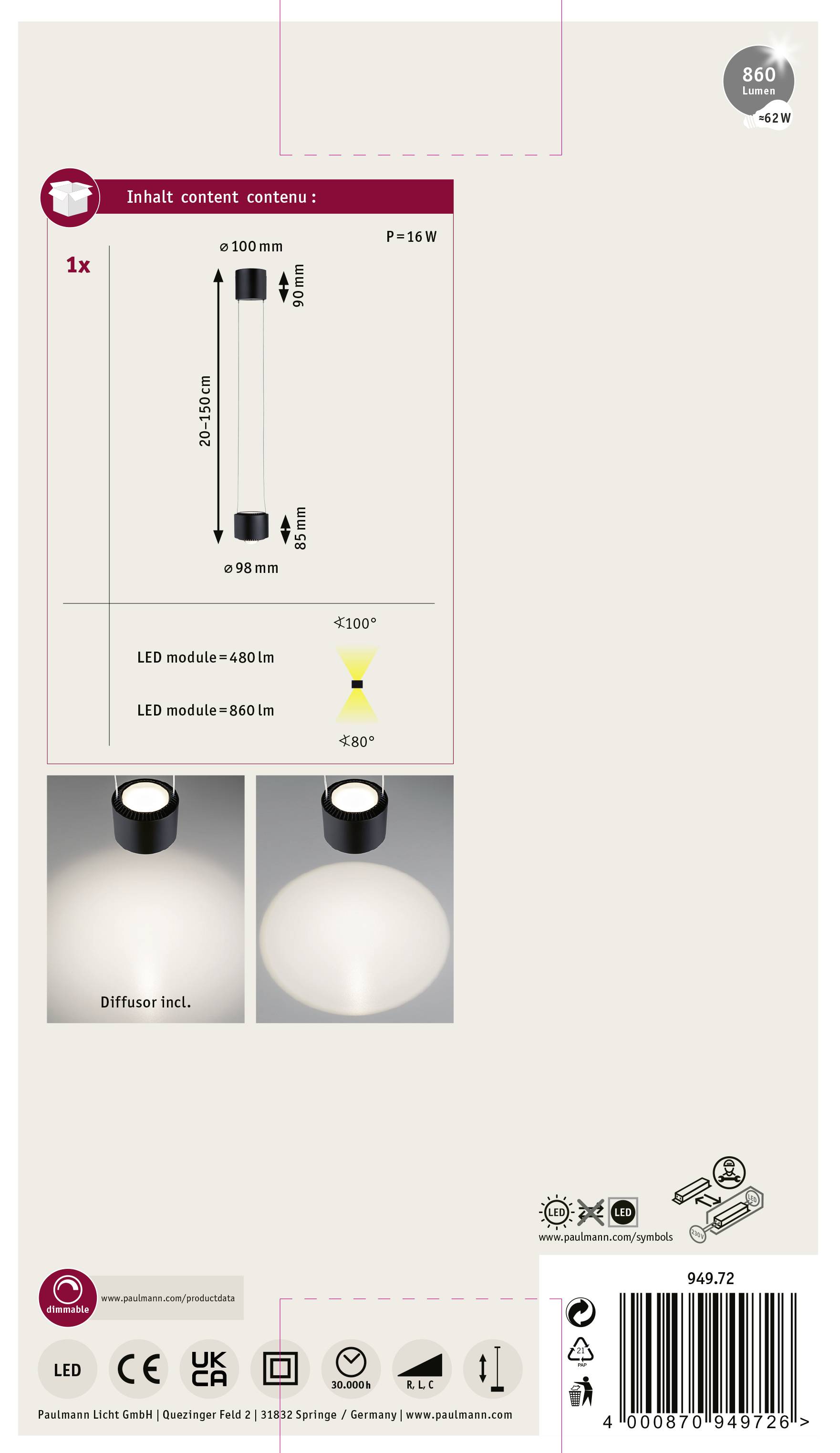 Paulmann URail Pendel Aldan LED-Pendelleuchte URail 13W Schwarz (matt)