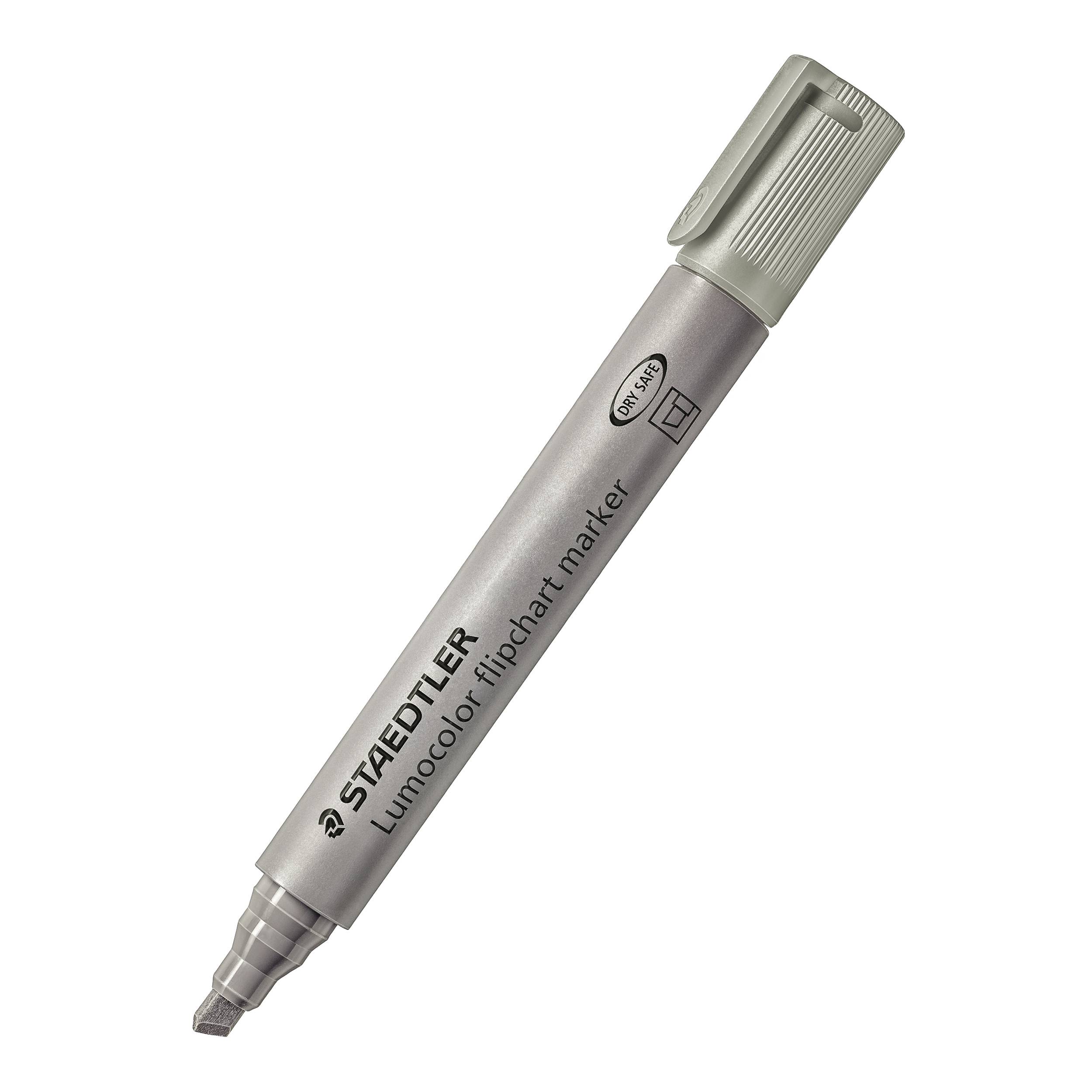 Grauer STAEDTLER Lumocolor Flipchart-Marker mit Keilspitze, Design für Flipchart-Präsentationen, wasserbasiert und schnell trocknend.