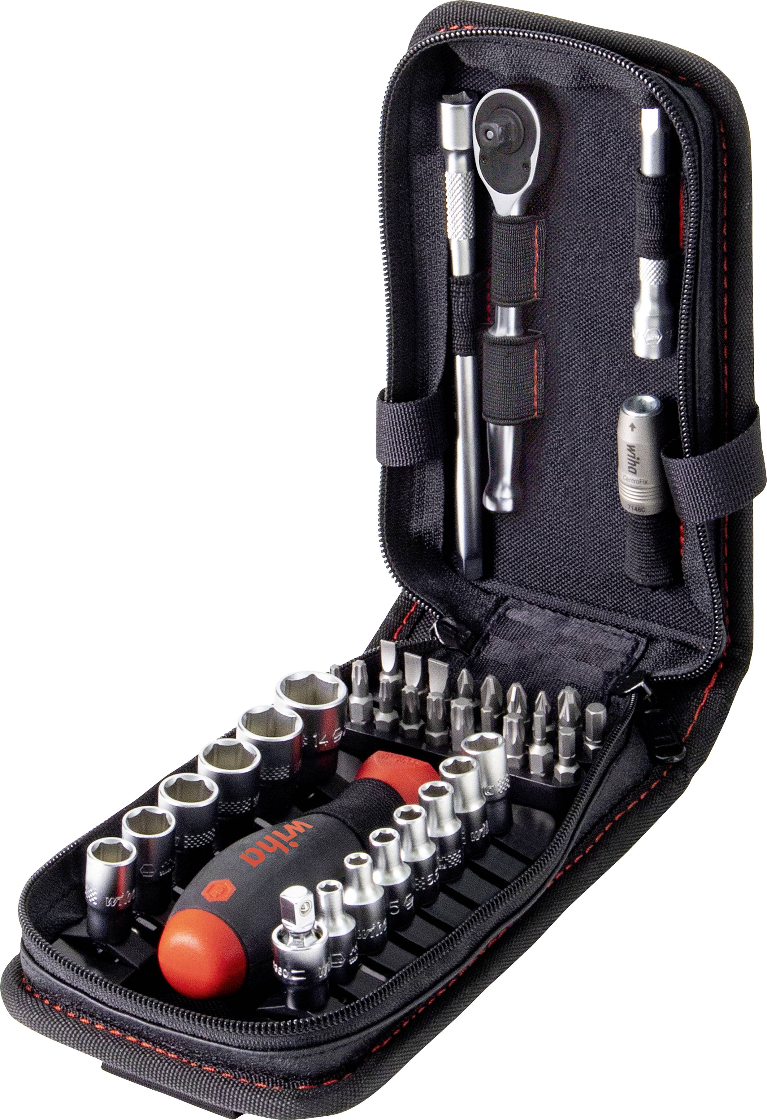 Ein offenes Werkzeugset in einem schwarzen Etui zeigt verschiedene Bits, Steckschlüssel und Griffe, geordnet für einfachen Zugriff.