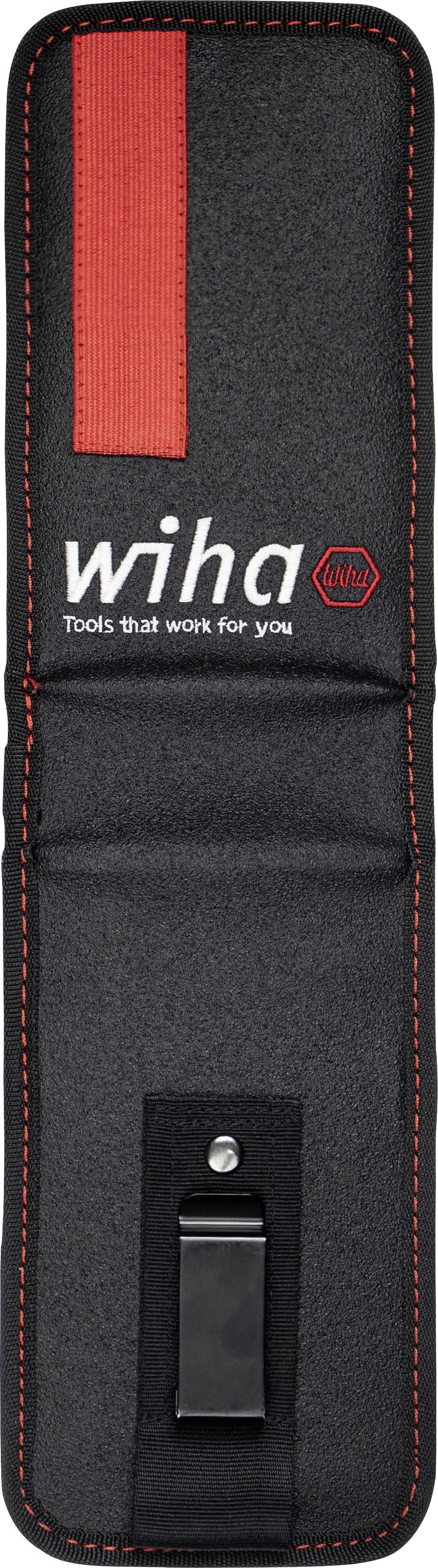 Werkzeugtasche aus schwarzem Stoff mit rotem Akzent, Markenlogo 'Wiha' und Slogan 'Tools that work for you'. Clip-Halterung innen.