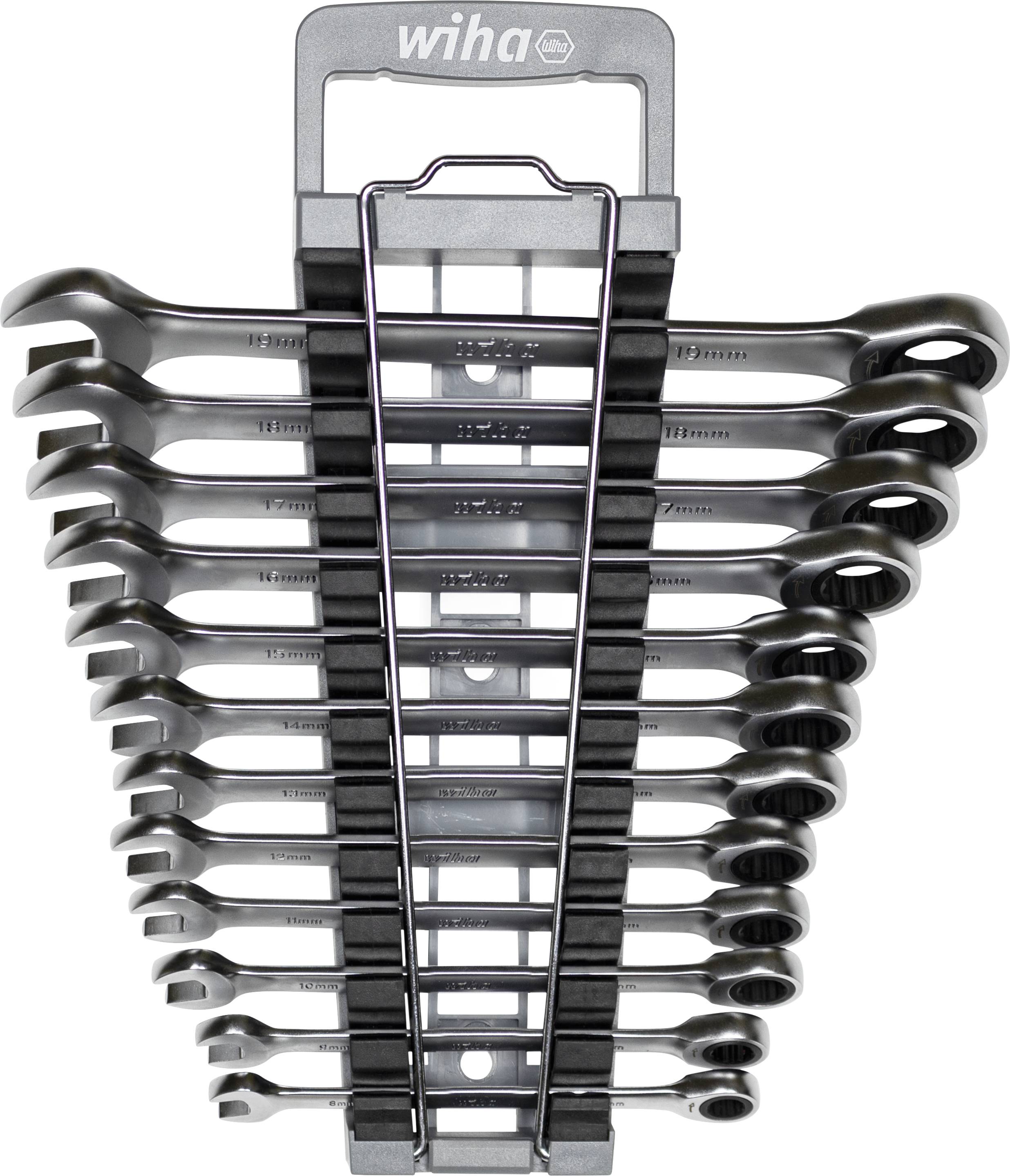 Ein Set von zehn Gabelschlüsseln in einem Halter, gestaffelt nach Größe.