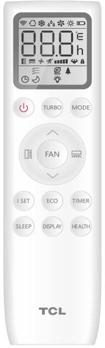 Fernbedienung für Klimaanlage mit Display oben, mehreren Symbolen, Ein-/Ausschalter und verschiedenen Modus- und Funktionstasten darunter.