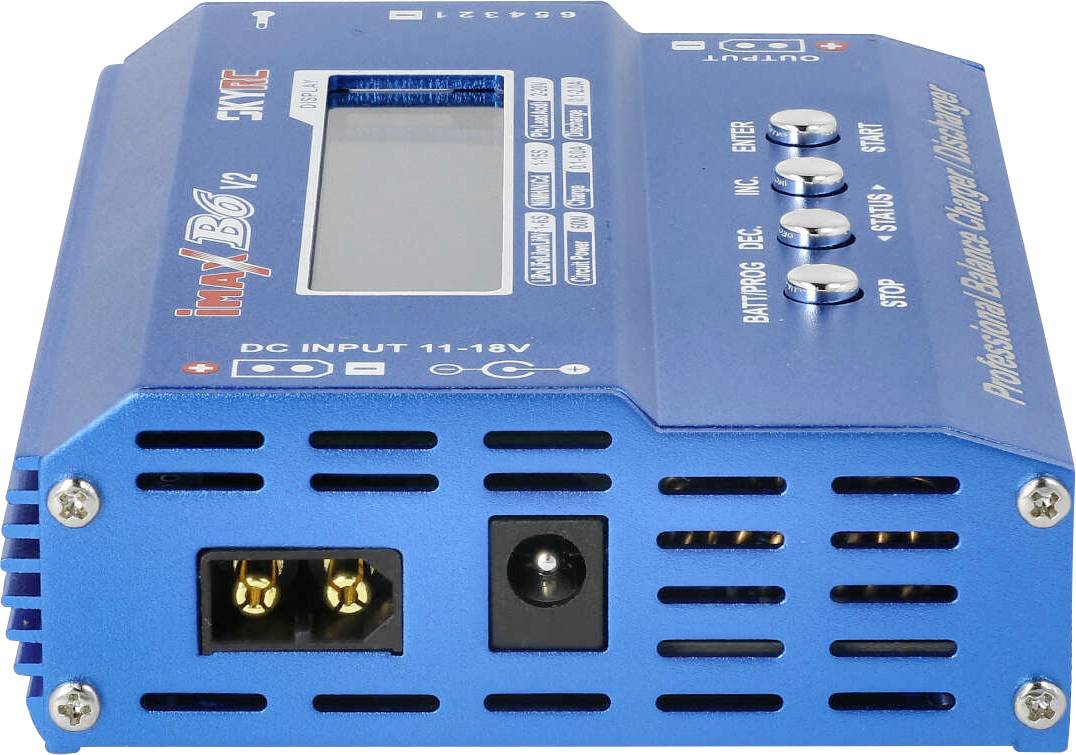 Ein blaues Ladegerät für Batterien mit mehreren Anschlüssen und einem LCD-Display. Aufschrift: 'DC INPUT 11-18V'.