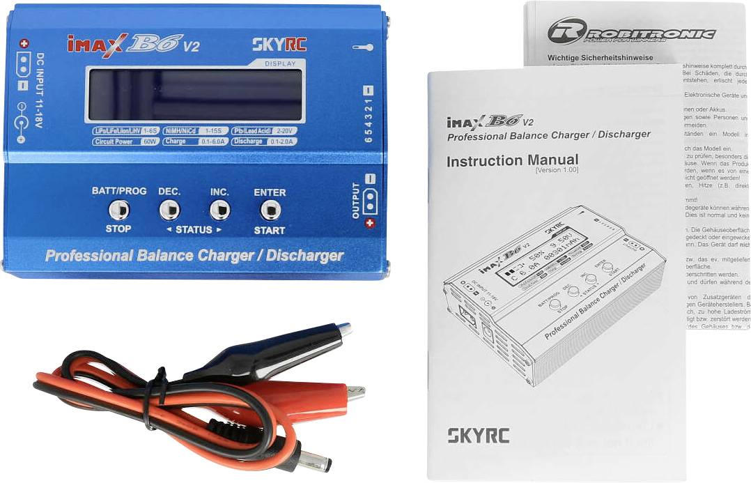 Ein blauer 'iMAX B6 V2' professioneller Balance-Lader/Entlader von SKYRC mit dazugehörigem Handbuch und Ladekabeln gezeigt.