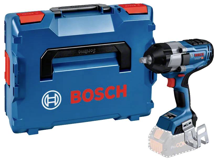 Bosch-Akku-Bohrschrauber mit vier austauschbaren Bohr- und Antriebsaufsätzen auf weißem Hintergrund dargestellt.