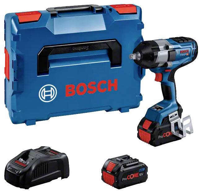 Bosch-Akku-Schlagschrauber-Set mit Transportkoffer, Ladegerät und Akku-Pack auf weißem Hintergrund.