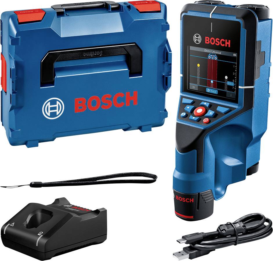 Digitaler Bosch-Distanzmesser mit Farbdisplay, USB-Kabel, Ladestation, Trageschlaufe und Transportkoffer. Ideal für präzise Messungen.