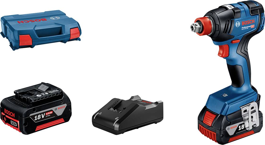 Akkuschlagschrauber-Set mit einem blauen und roten Schrauber, 18V Akku, Ladestation und Transportkoffer. Ideal für Heimwerkerarbeiten.
