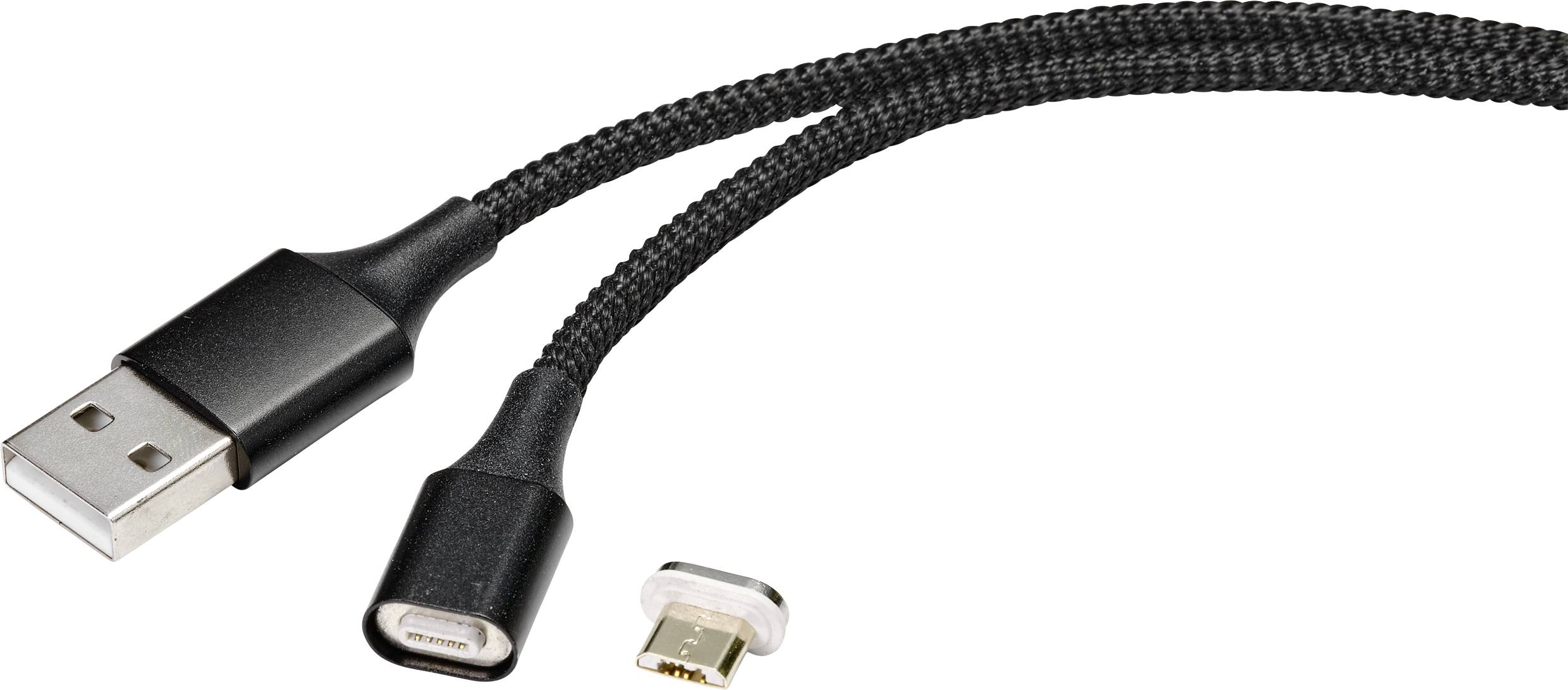 Ein USB-Kabel mit einem abnehmbaren Adapter, der von USB-C auf Micro-USB wechselt, auf einem weißen Hintergrund.