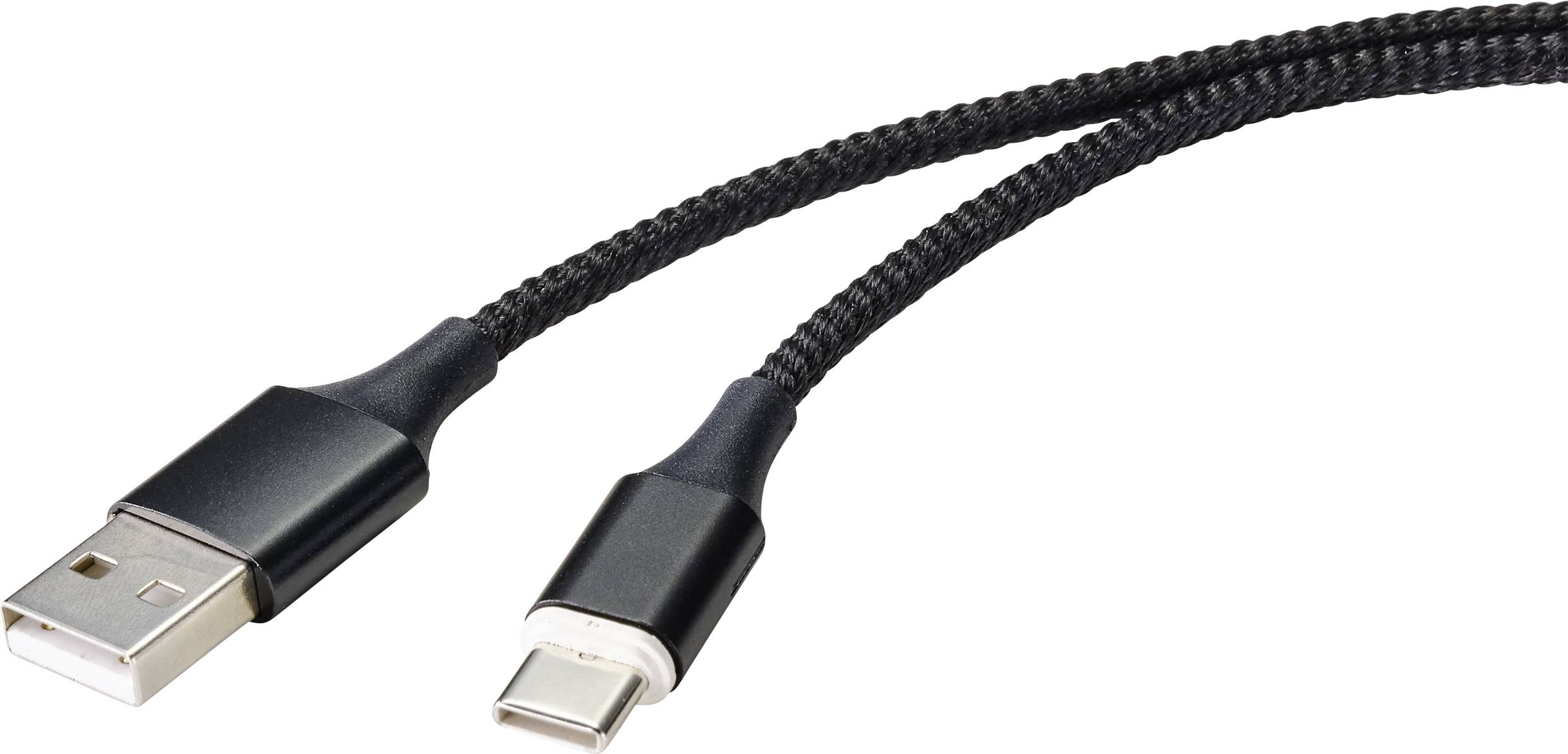 Ein schwarzes USB-Kabel mit USB-A- und USB-C-Steckern, geeignet für Datenübertragung und Ladezwecke.