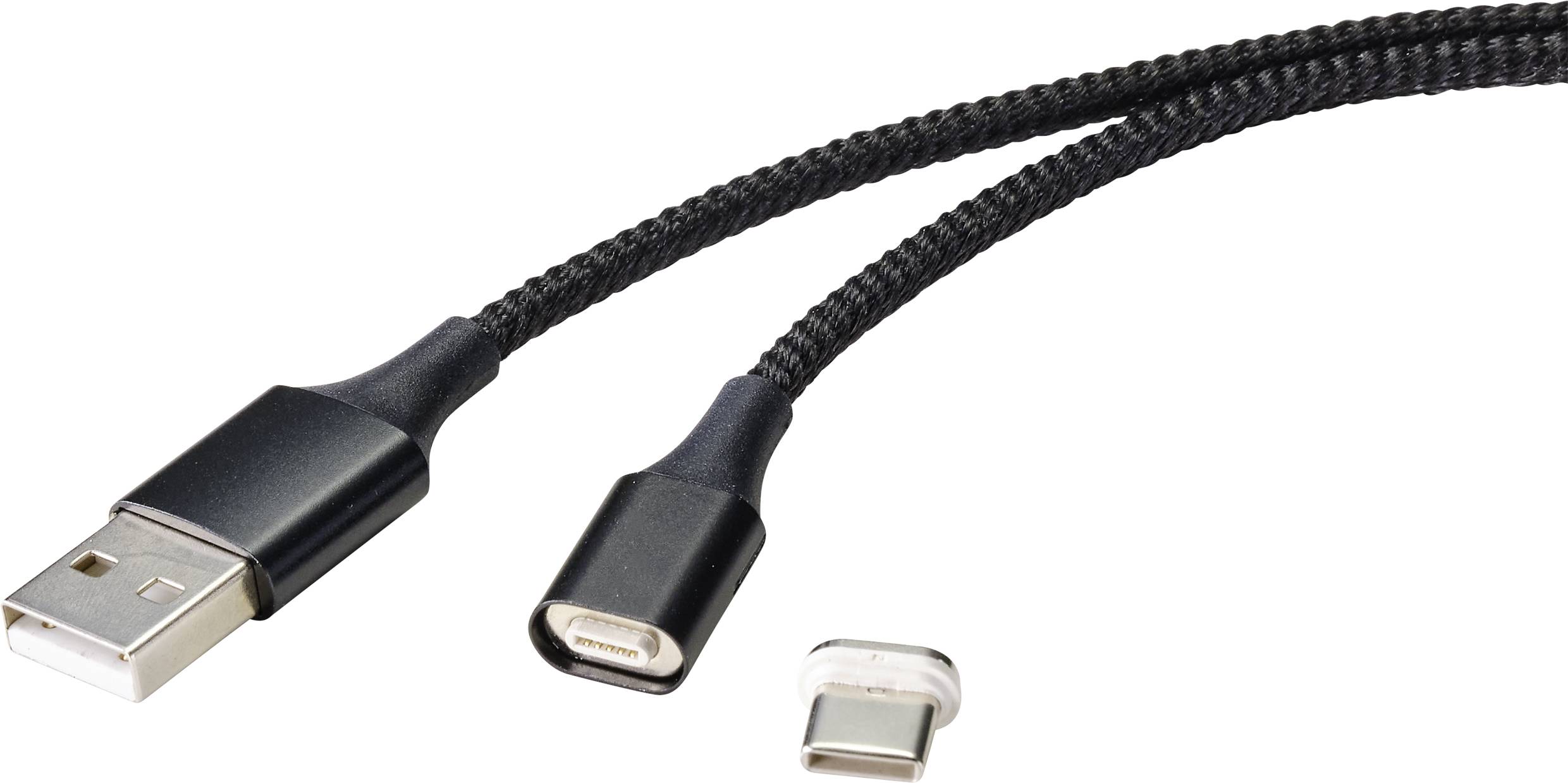 Schwarzes USB-Kabel mit abnehmbarem magnetischem Adapter, der die Verbindung zwischen USB und USB-C ermöglicht.