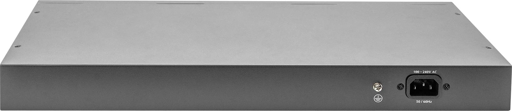 Ein schwarzes, rechteckiges elektronisches Gerät mit einem Netzanschluss und einem zusätzlichen Anschluss auf der Rückseite.